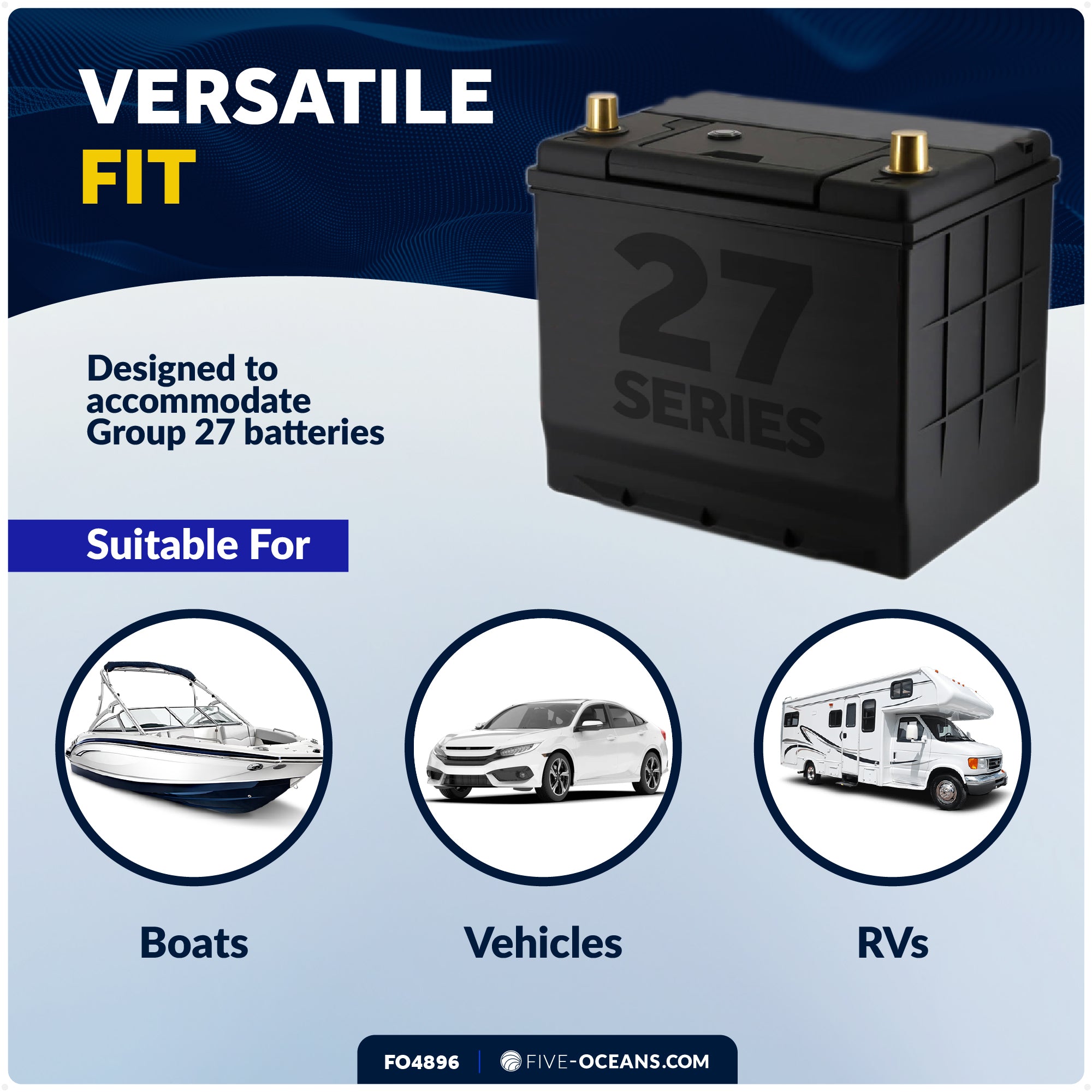 Group 27 Battery Tray with Hold-Down Strap, Black, 13" x 7" - FO-4896 - Five Oceans