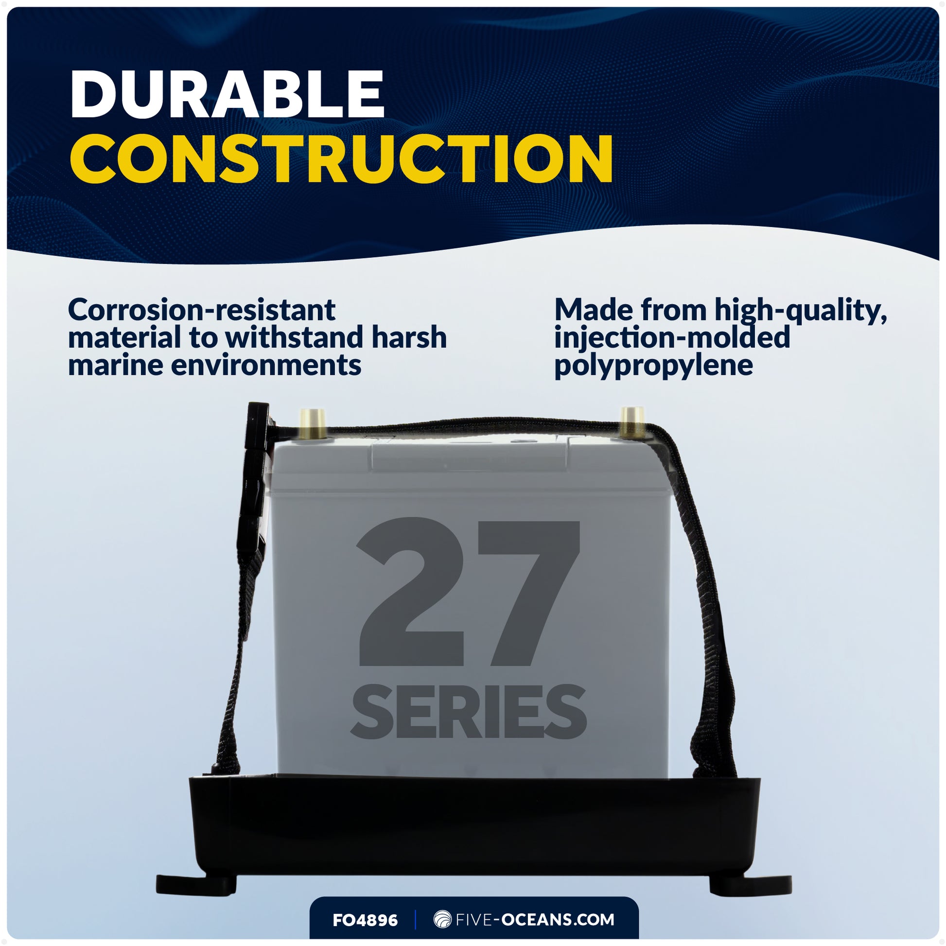 Group 27 Battery Tray with Hold-Down Strap, Black, 13" x 7" - FO-4896 - Five Oceans