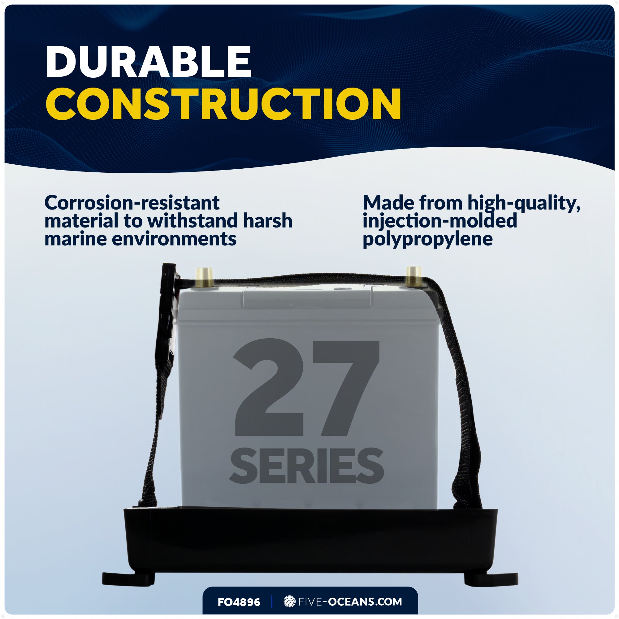 Group 27 Battery Tray with Hold-Down Strap, Black, 13" x 7" - FO-4896 - Five Oceans