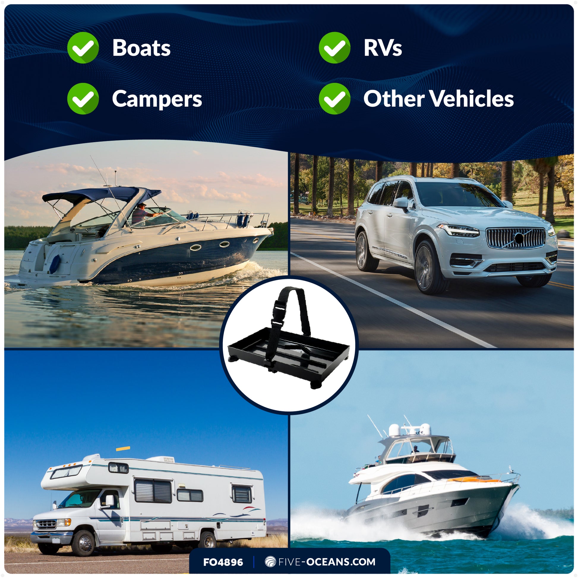 Group 27 Battery Tray with Hold-Down Strap, Black, 13" x 7" - FO-4896 - Five Oceans