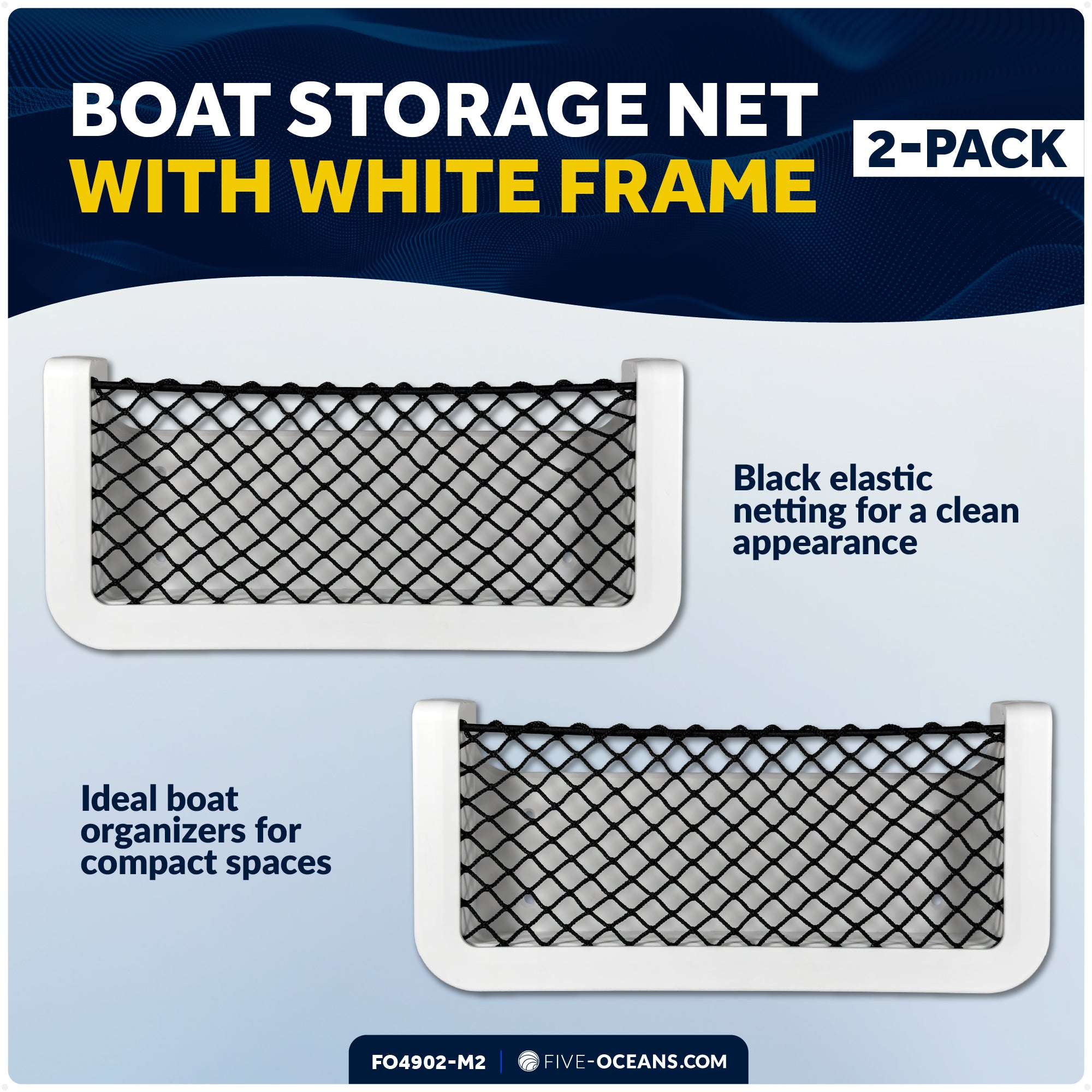 Boat Storage Net, White Frame, Black Elastic Netting, 9-7/8" x 4-1/2", 2-Pack - FO4902-M2 - Five Oceans
