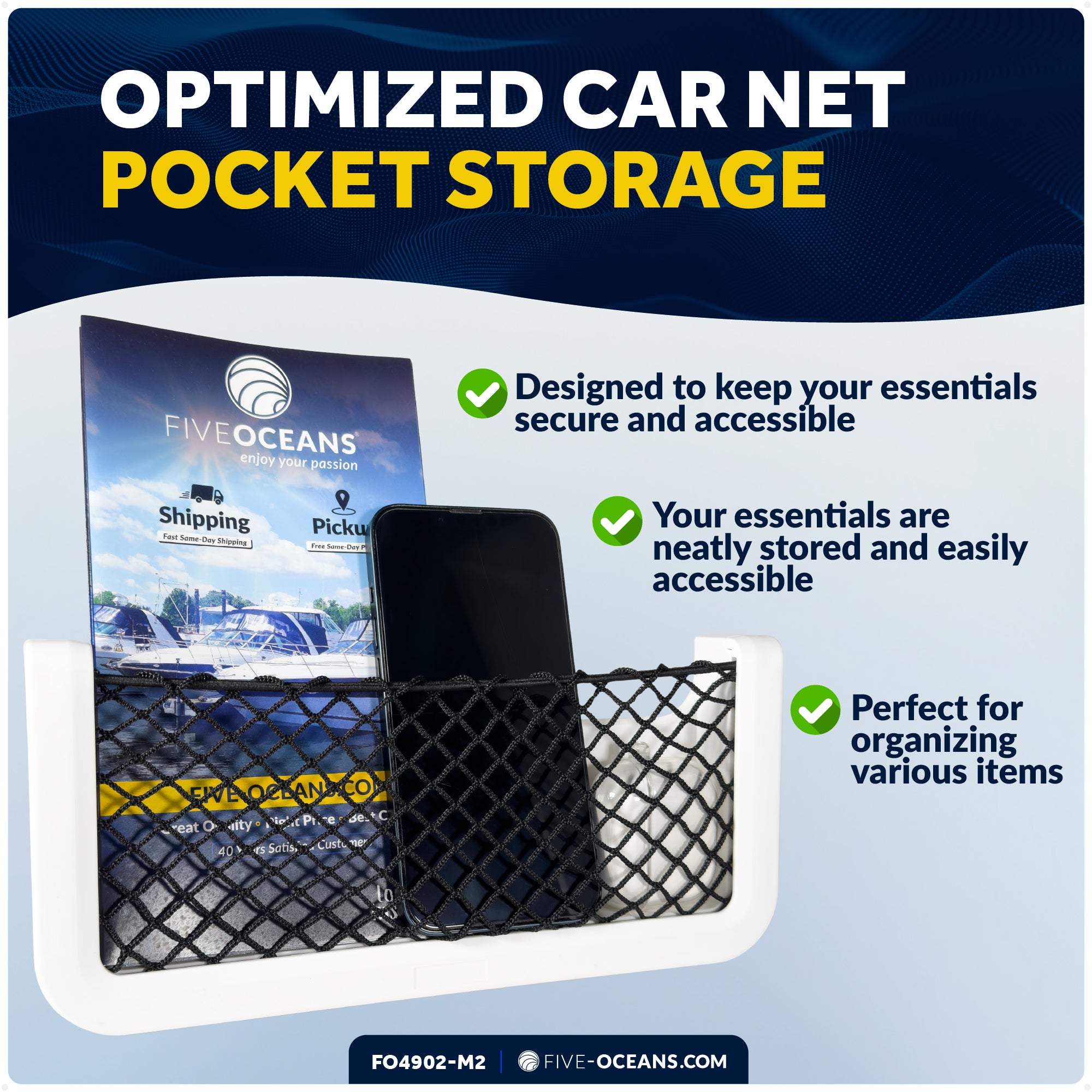 Boat Storage Net, White Frame, Black Elastic Netting, 9-7/8" x 4-1/2", 2-Pack - FO4902-M2 - Five Oceans