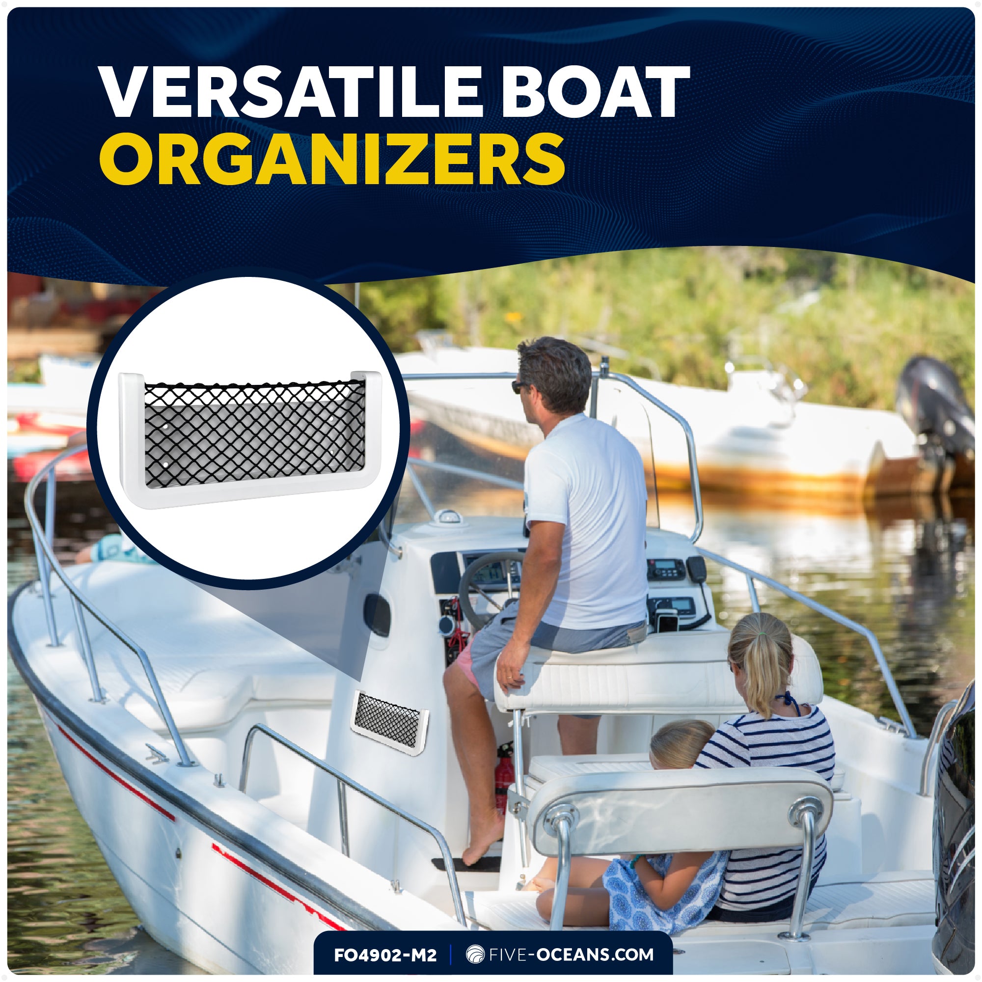 Boat Storage Net, White Frame, Black Elastic Netting, 9-7/8" x 4-1/2", 2-Pack - FO4902-M2 - Five Oceans