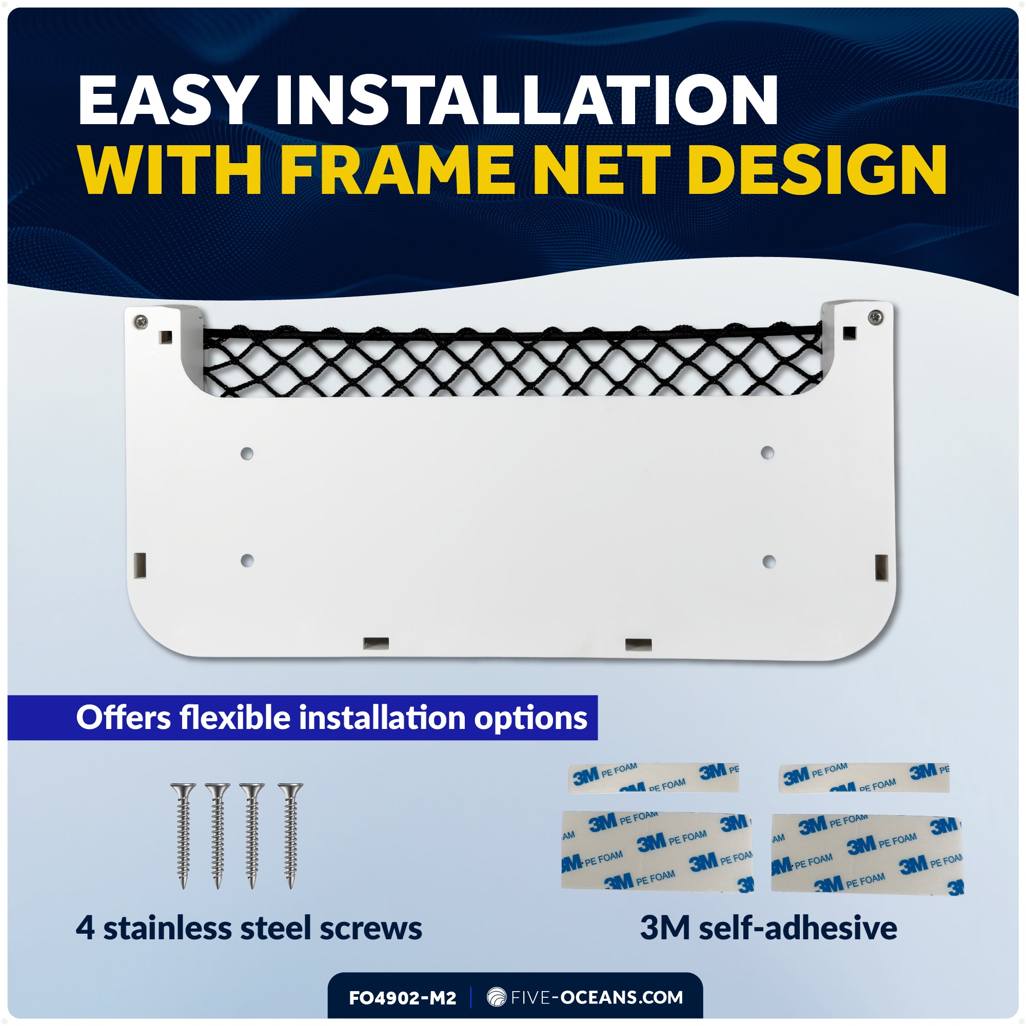 Boat Storage Net, White Frame, Black Elastic Netting, 9-7/8" x 4-1/2", 2-Pack - FO4902-M2 - Five Oceans