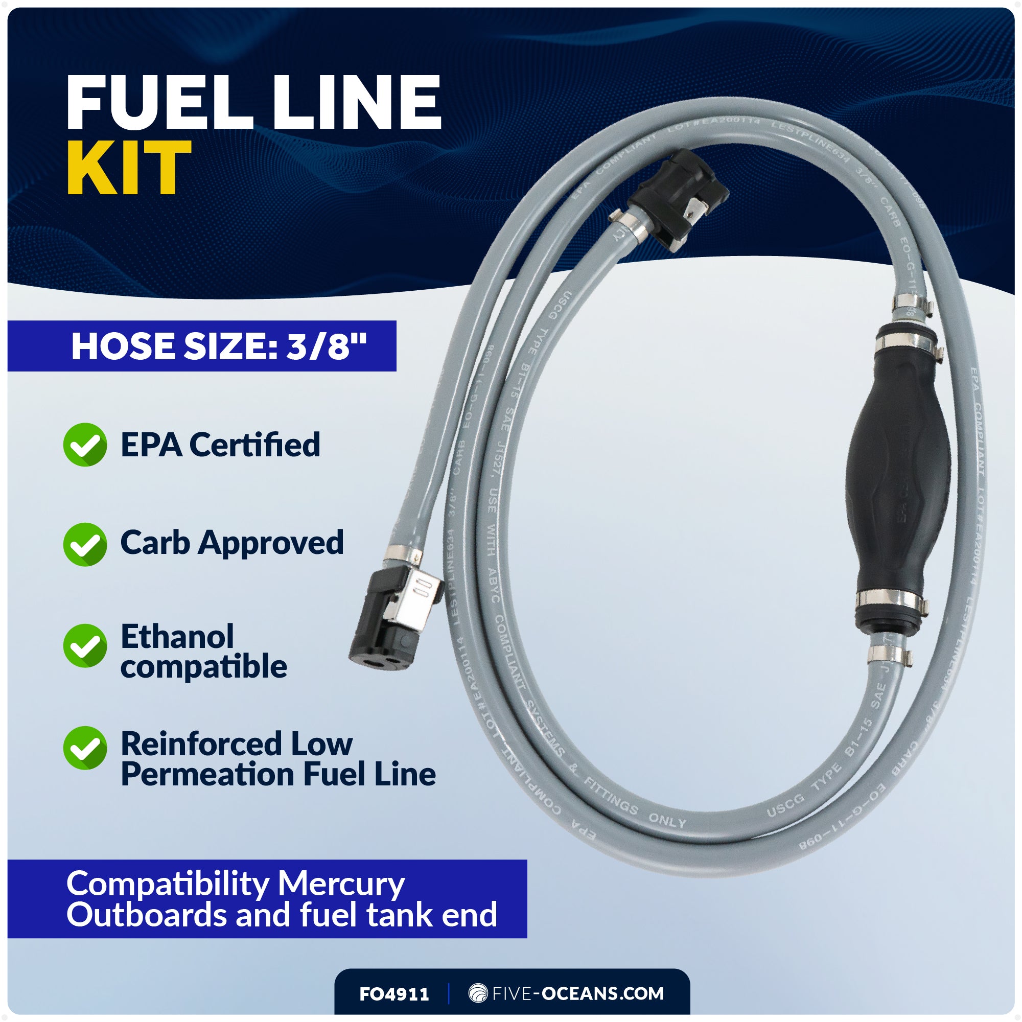 Mercury Marine Boat Fuel Line Kit, 3/8-Inch x 6-Foot, EPA/CARB Approved, Leakproof, Outboard Fuel Line for All Mercury Engine End and Tank End Male Fitting (Pre-1998) - FO4911 - Five Oceans