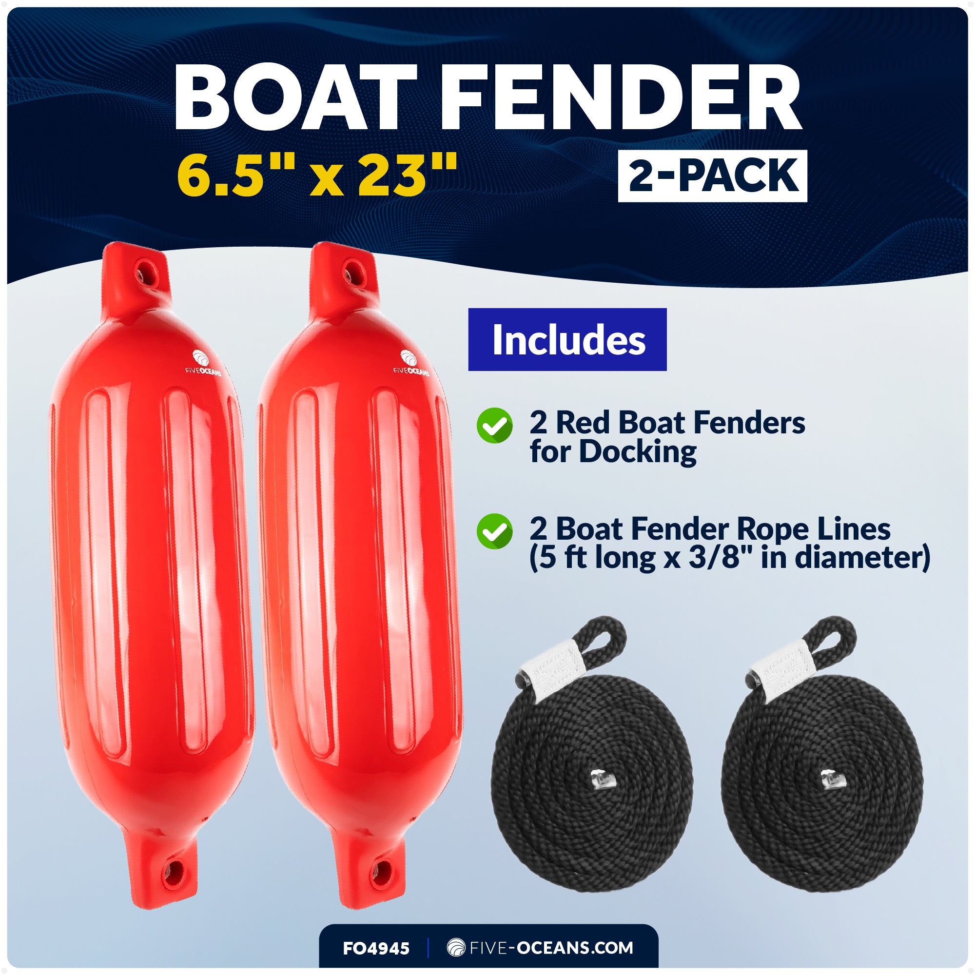 Twin Eye Ribbed Boat Fenders 6.5 x 25-Inch, Red, 2-Pack - FO4945