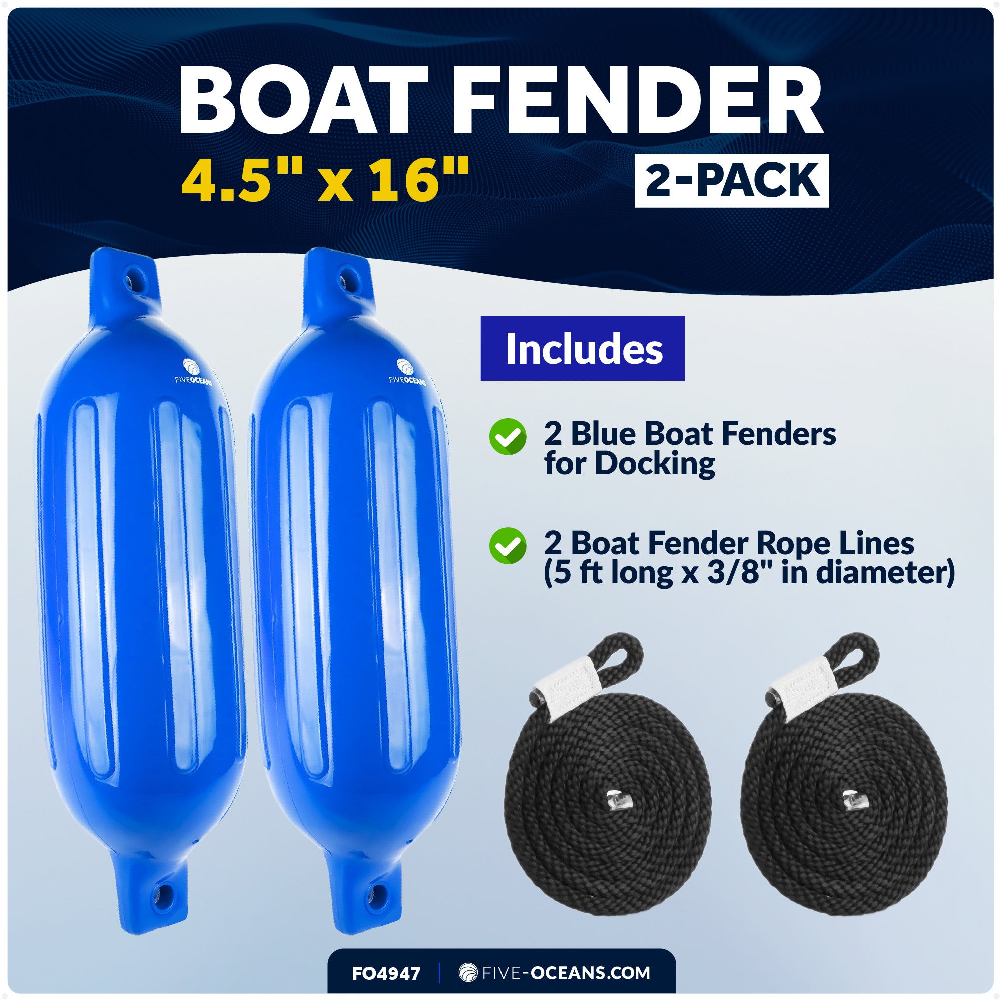 Twin Eye Ribbed Boat Fenders 4.5 x 16-Inch, Blue, 2-Pack - FO4947