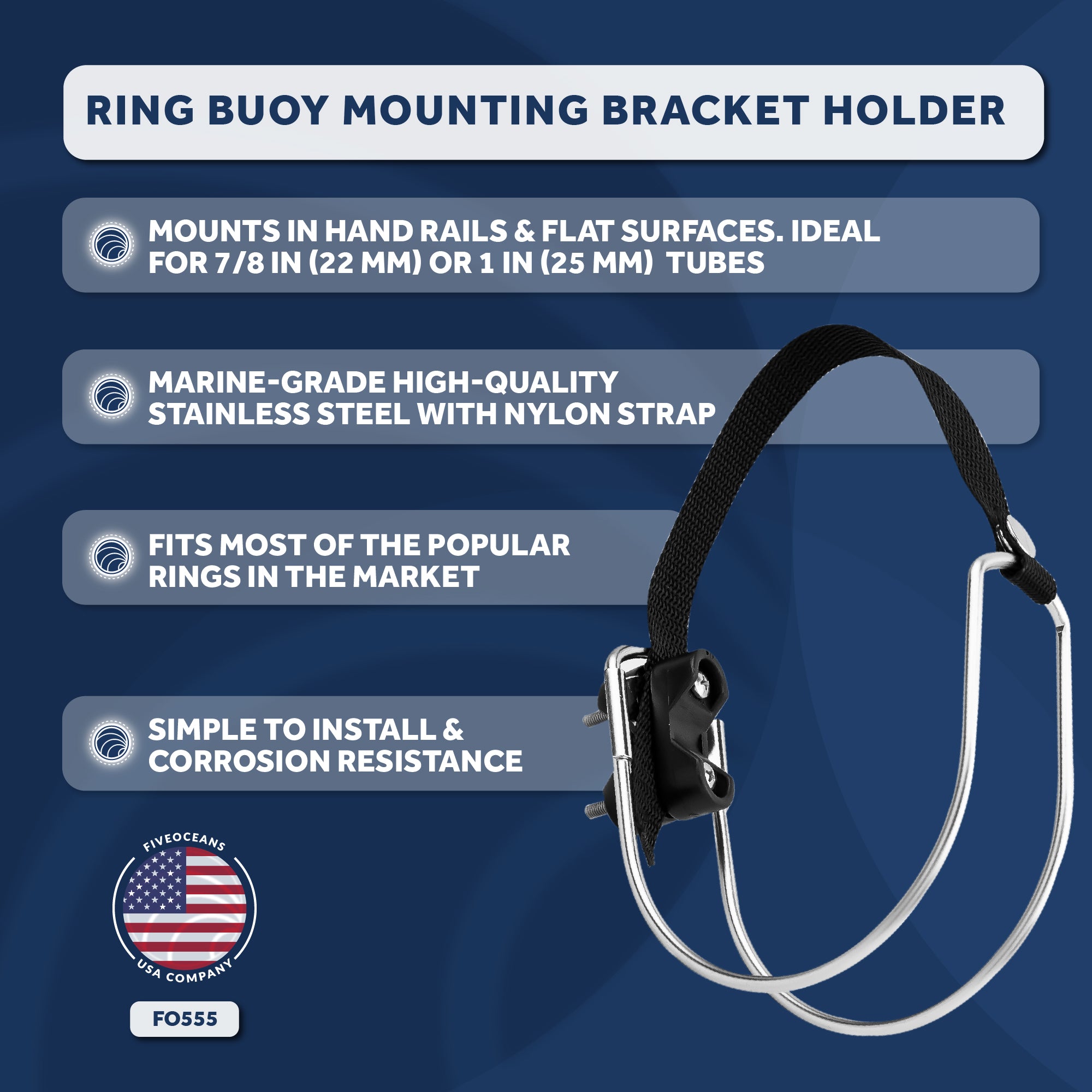 Ring Buoy Mounting Bracket Holder with Strap, Stainless Steel, Rail/Flat Mount - FO555 - Five Oceans
