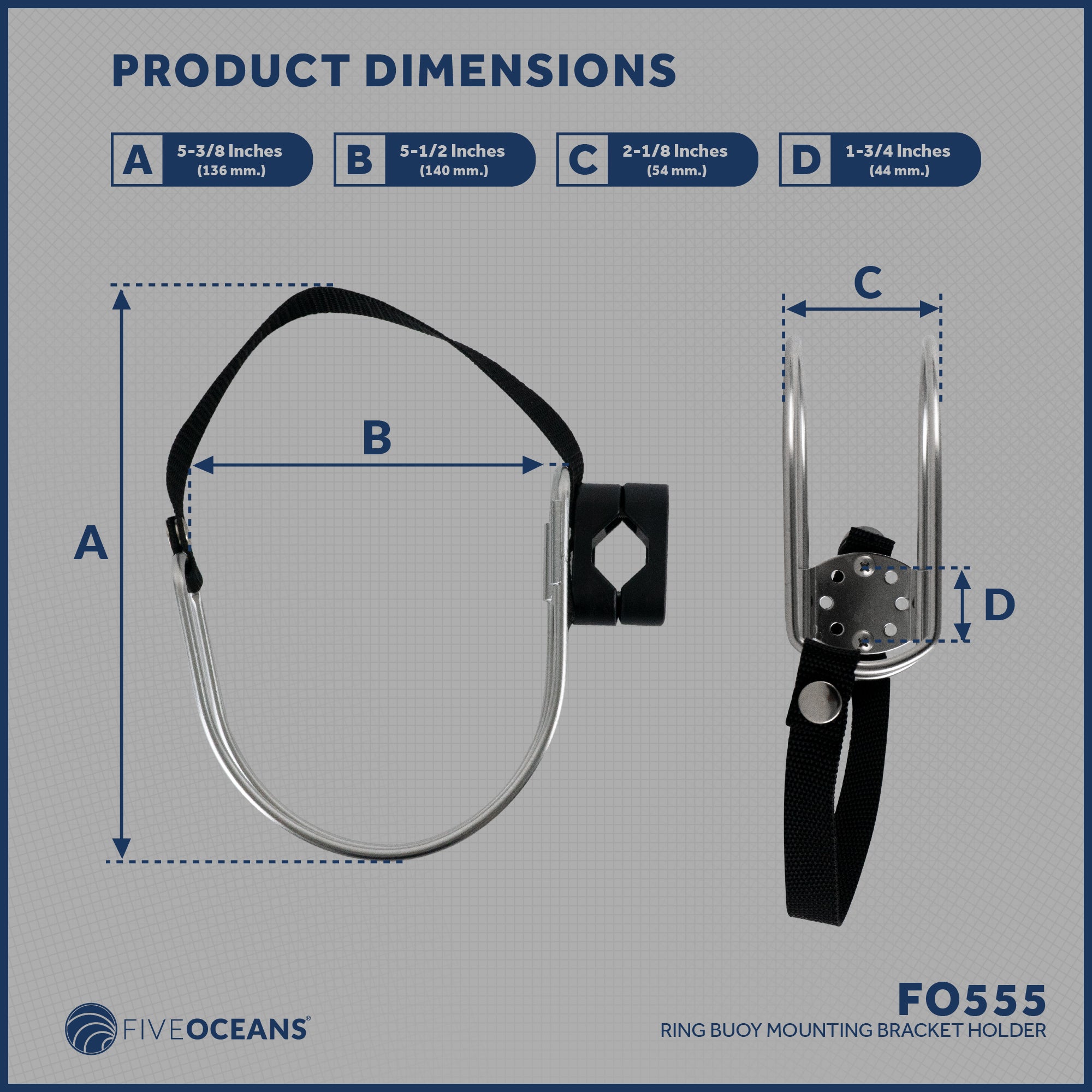 Ring Buoy Mounting Bracket Holder with Strap, Stainless Steel, Rail/Flat Mount - FO555 - Five Oceans