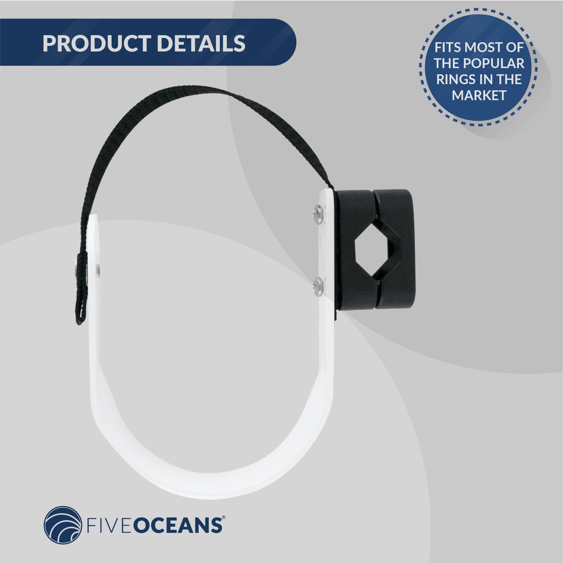 Ring Buoy Mounting Bracket Holder with Strap, White Painted Aluminum, Flat Mount - FO76 - Five Oceans