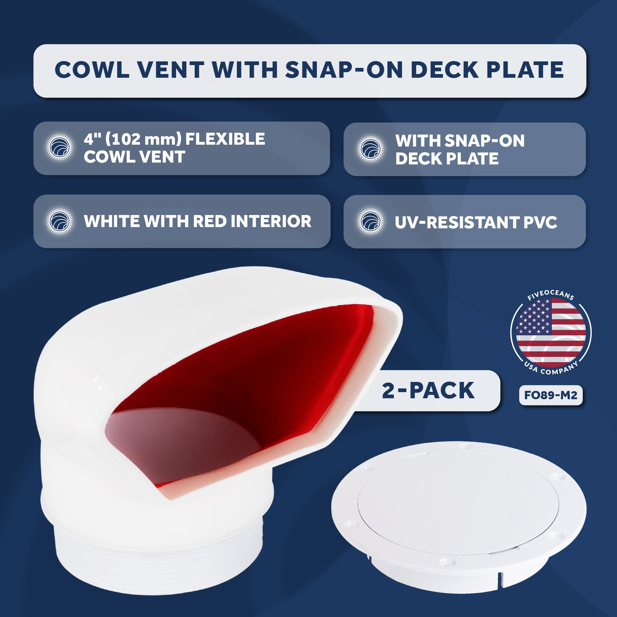 Cowl Vent with Snap-On Deck Plate and Cover, 4" 2-Pack - FO89-M2 - Five Oceans