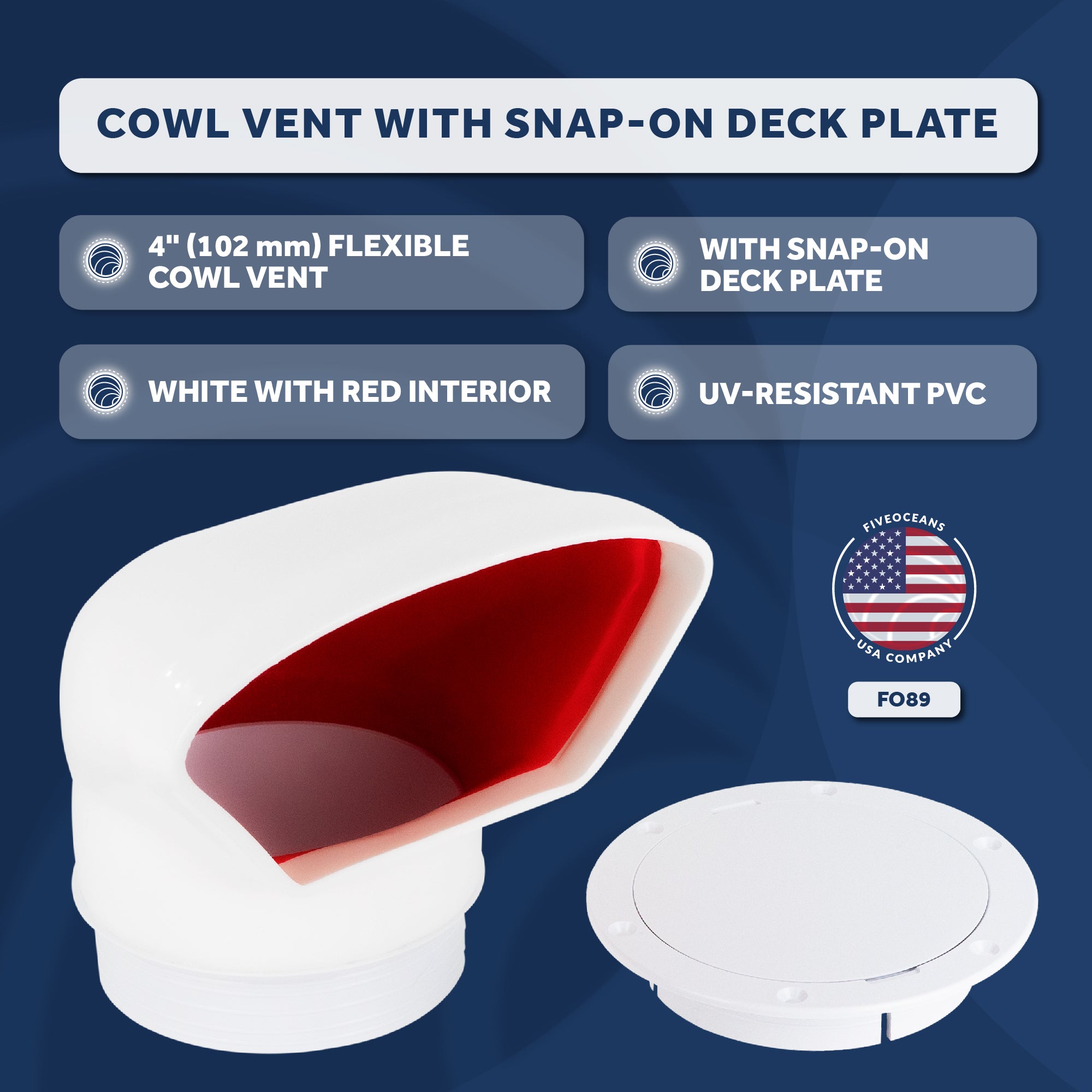 Cowl Vent with Snap-On Deck Plate and Cover, 4" - FO89 - Five Oceans