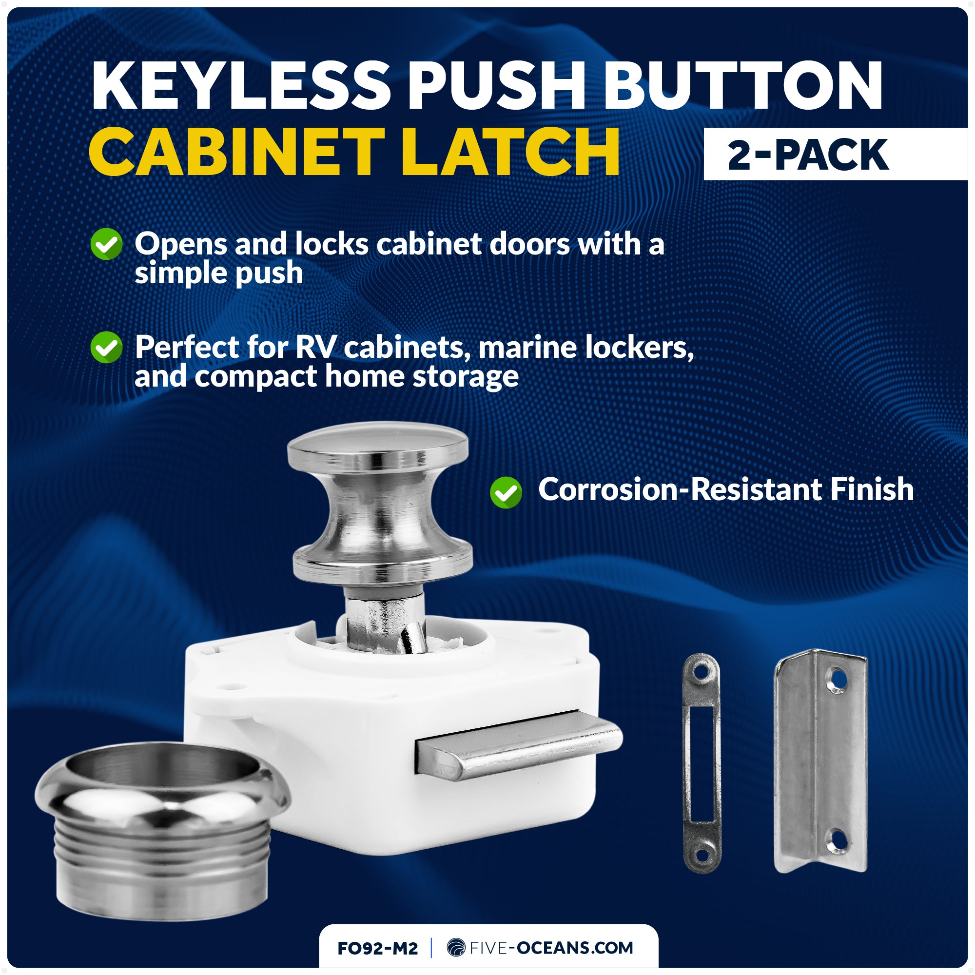 Keyless Push Button Latch, Stainless Steel, 2-Pack - FO92-M2 - Five Oceans