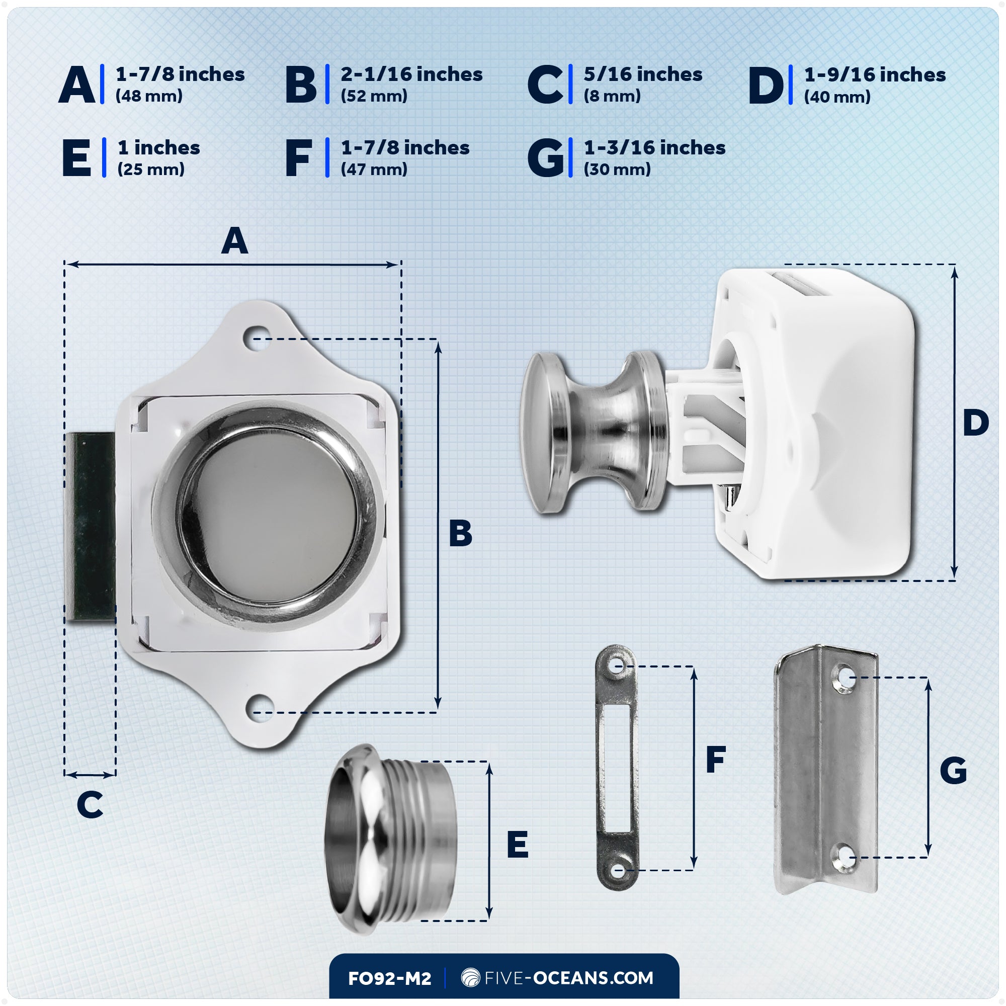Keyless Push Button Latch, Stainless Steel, 2-Pack - FO92-M2 - Five Oceans