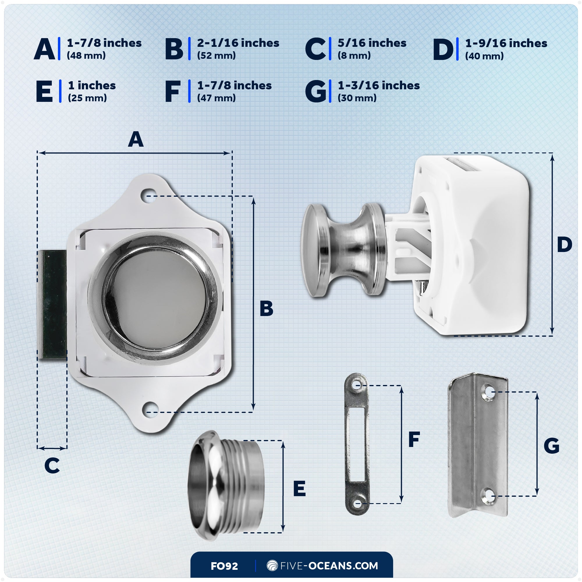 Keyless Push Button Latch, Stainless Steel - FO92 - Five Oceans