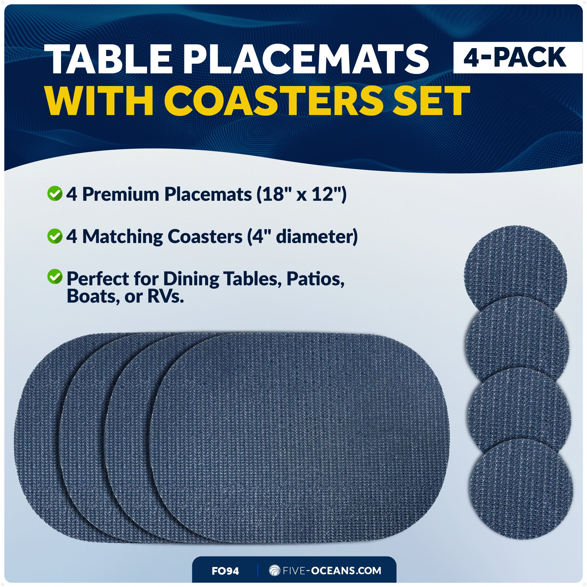 Placemats with Coasters Set, Blue, Non-Slip, Waterproof, 4-Pack - FO94