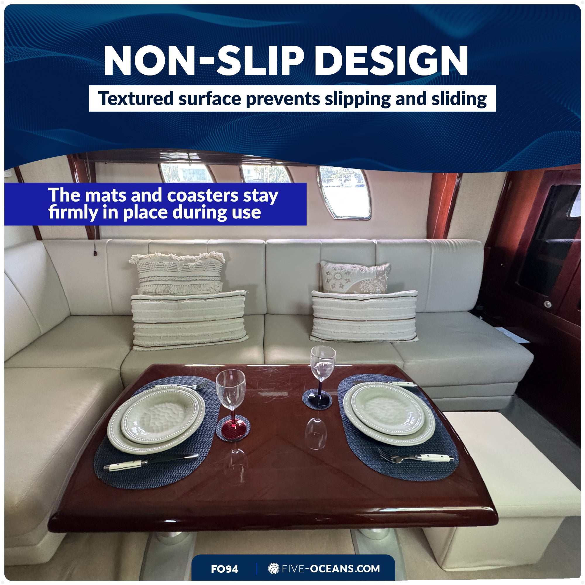 Placemats with Coasters Set, Blue, Non-Slip, Waterproof, 4-Pack - FO94