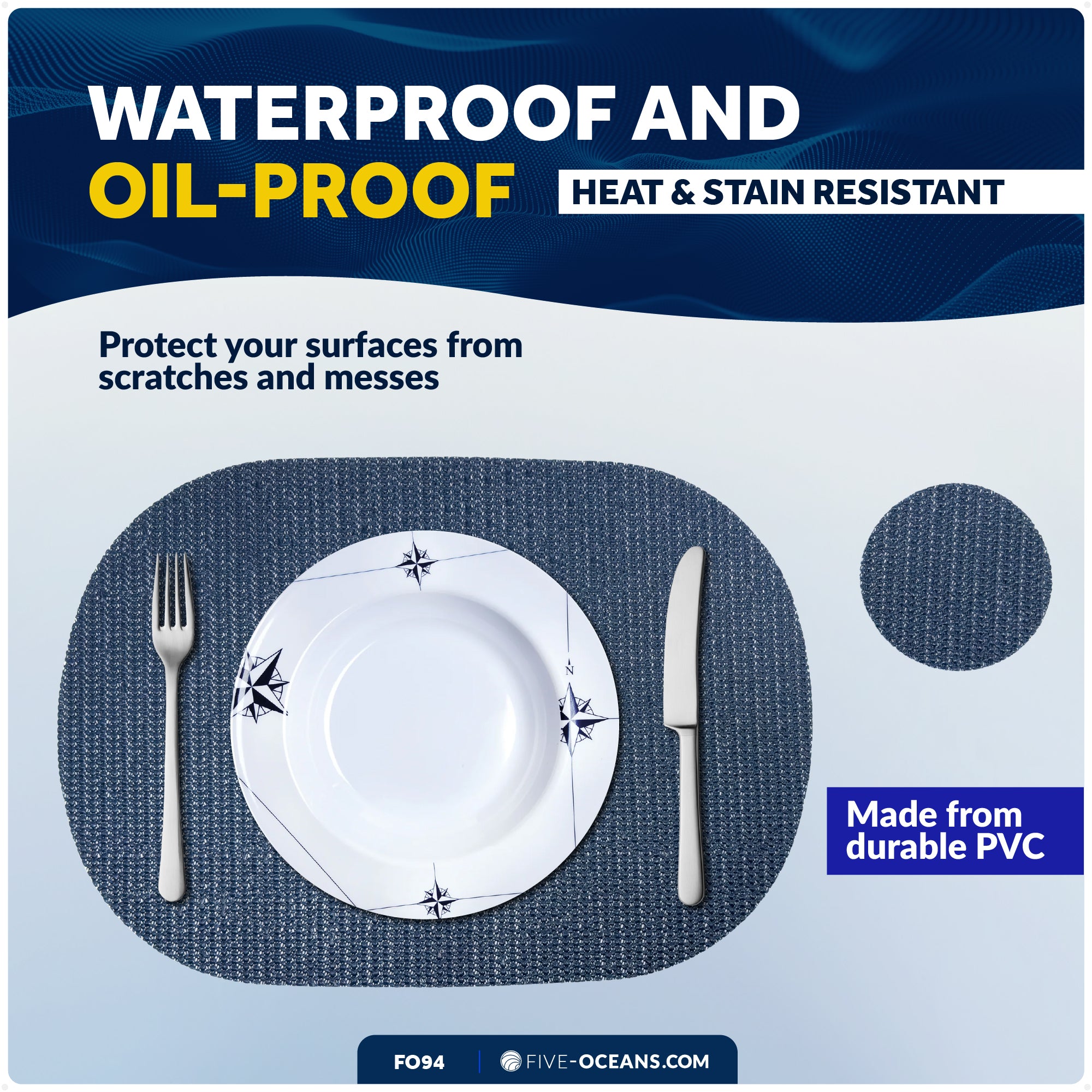 Placemats with Coasters Set, Blue, Non-Slip, Waterproof, 4-Pack - FO94