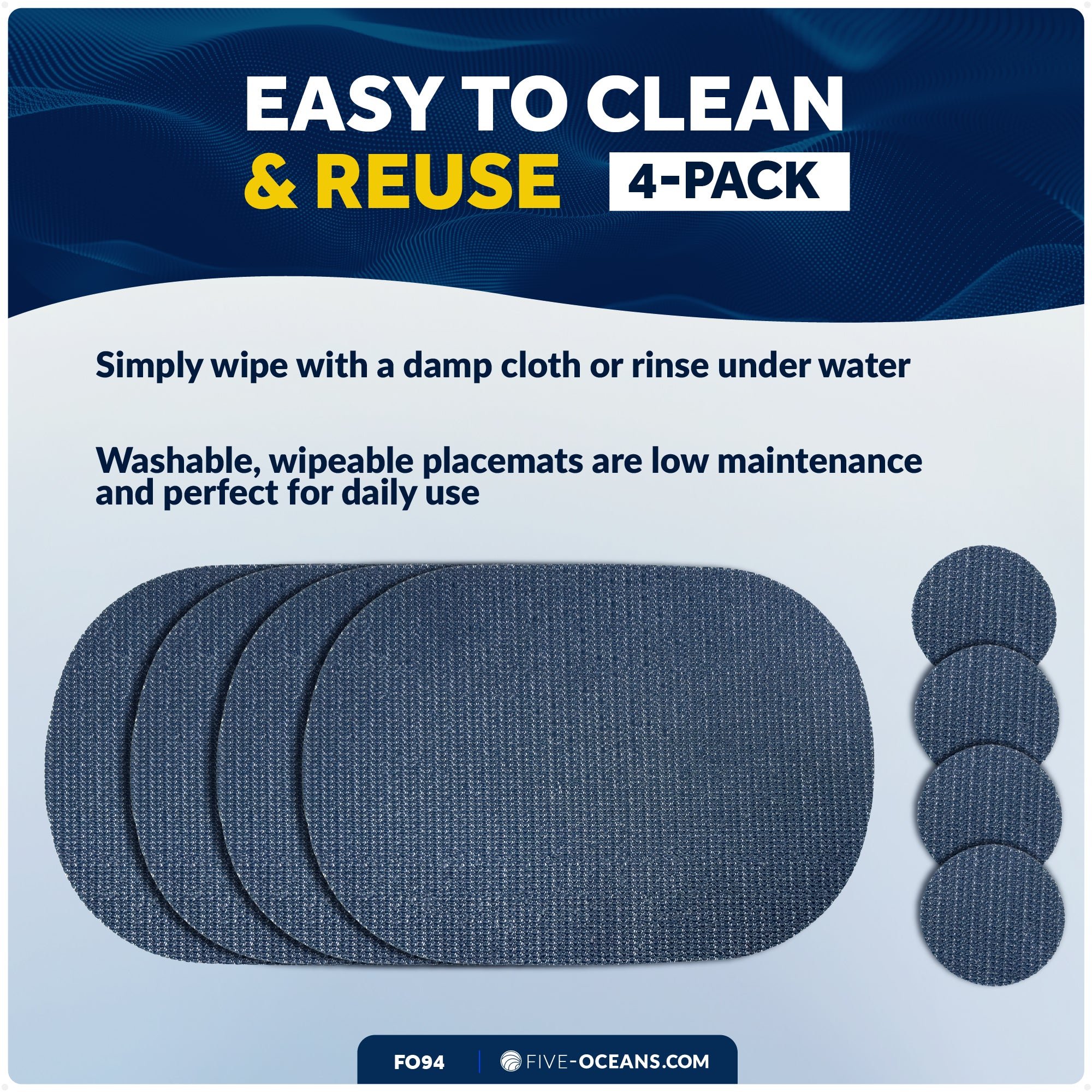 Placemats with Coasters Set, Blue, Non-Slip, Waterproof, 4-Pack - FO94