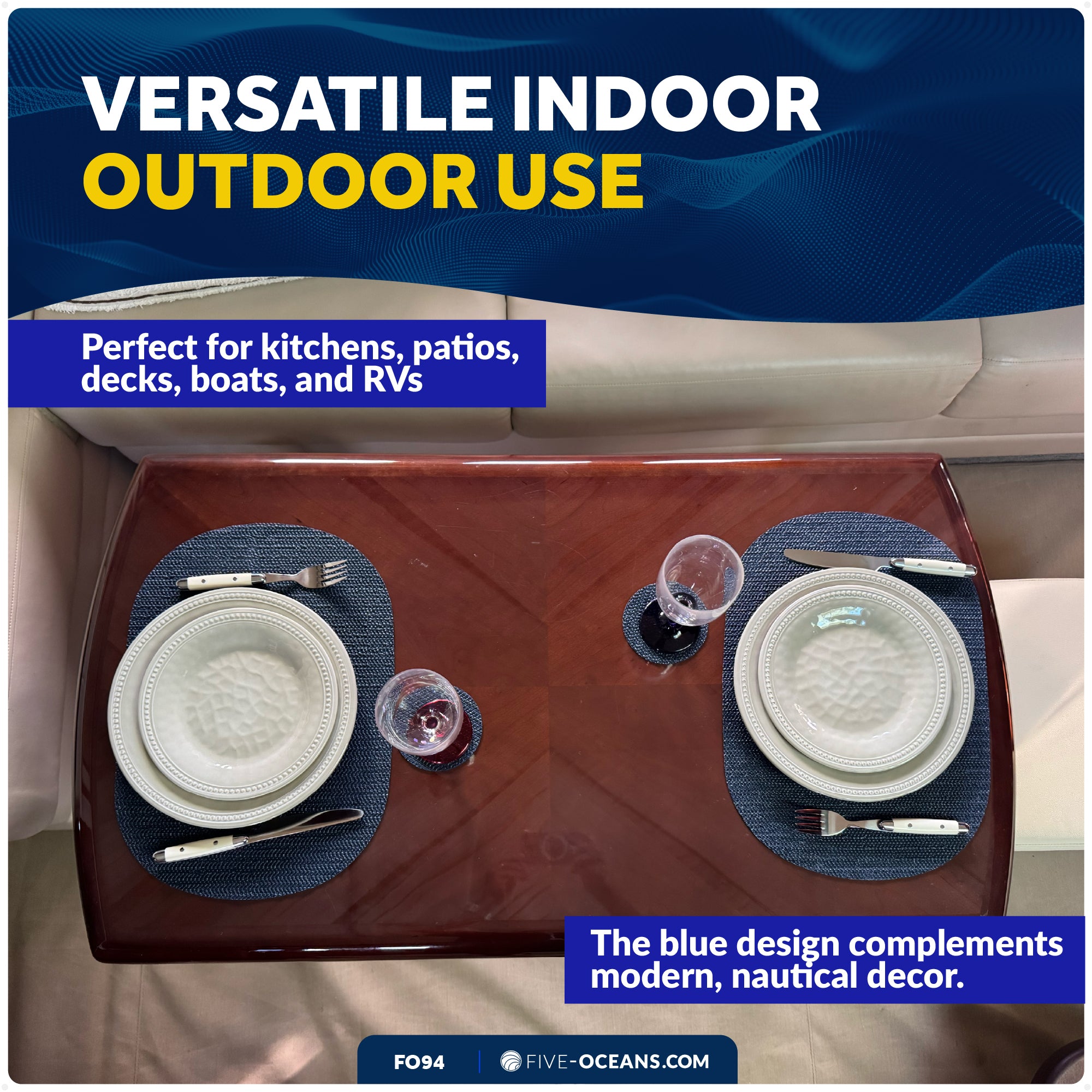 Placemats with Coasters Set, Blue, Non-Slip, Waterproof, 4-Pack - FO94