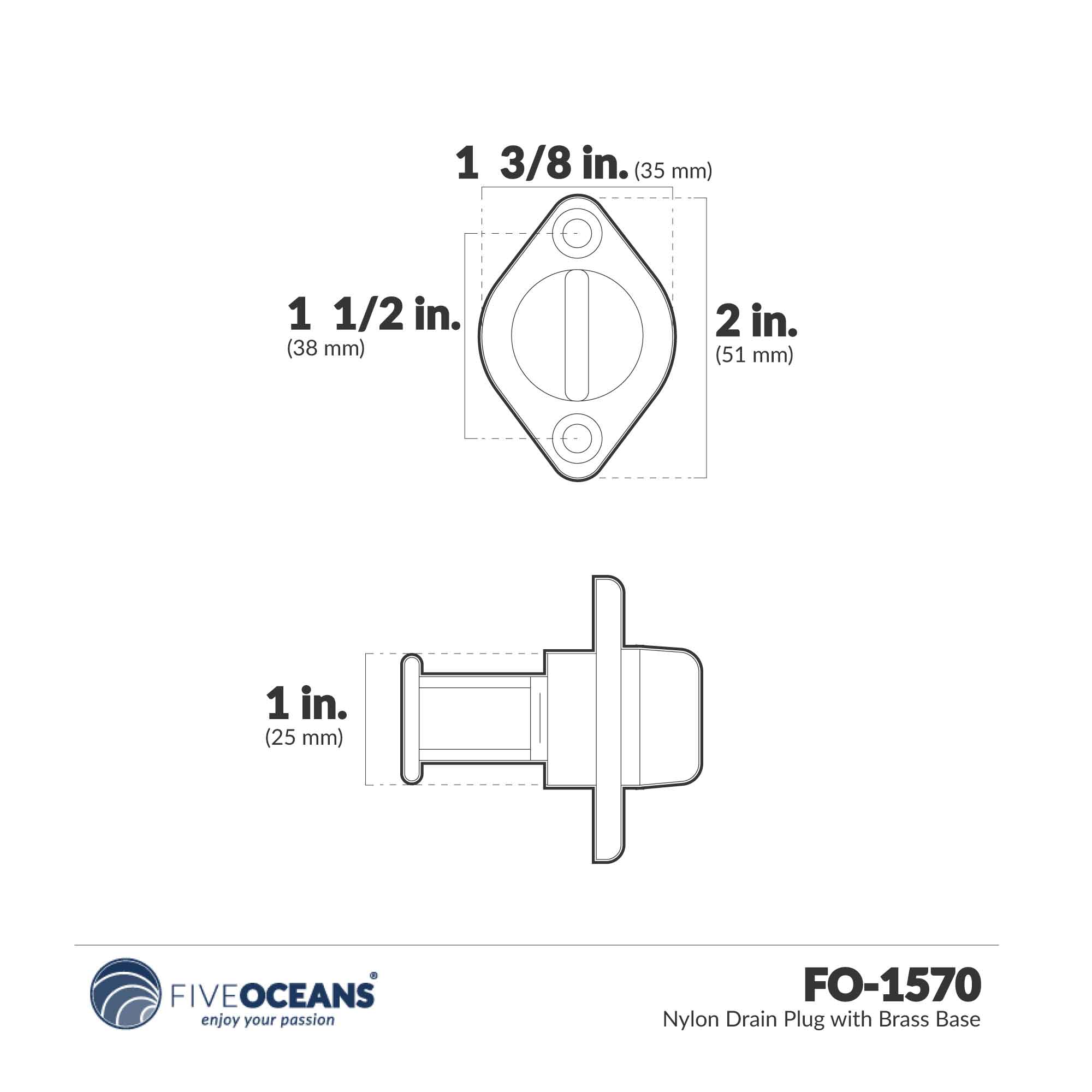 Garboard Drain Plug For 1" Transom Hole, Brass & Black Nylon - FO1570