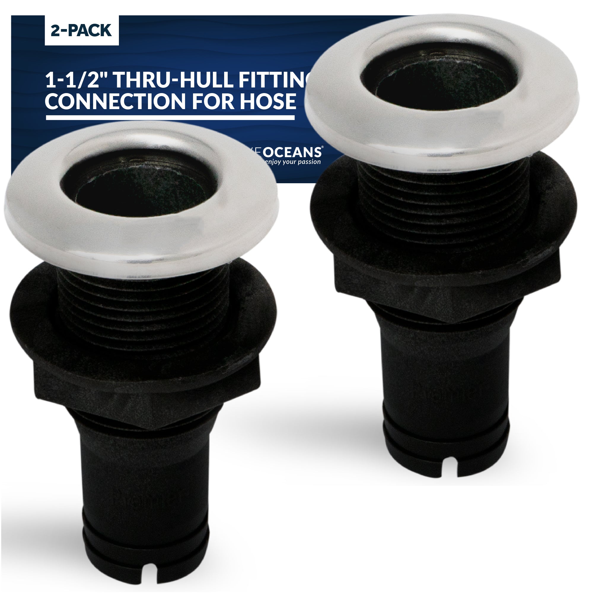 Thru-Hull Fitting Connection for Hose, 1-1/2" Black, 2-Pack - FO2997-M2