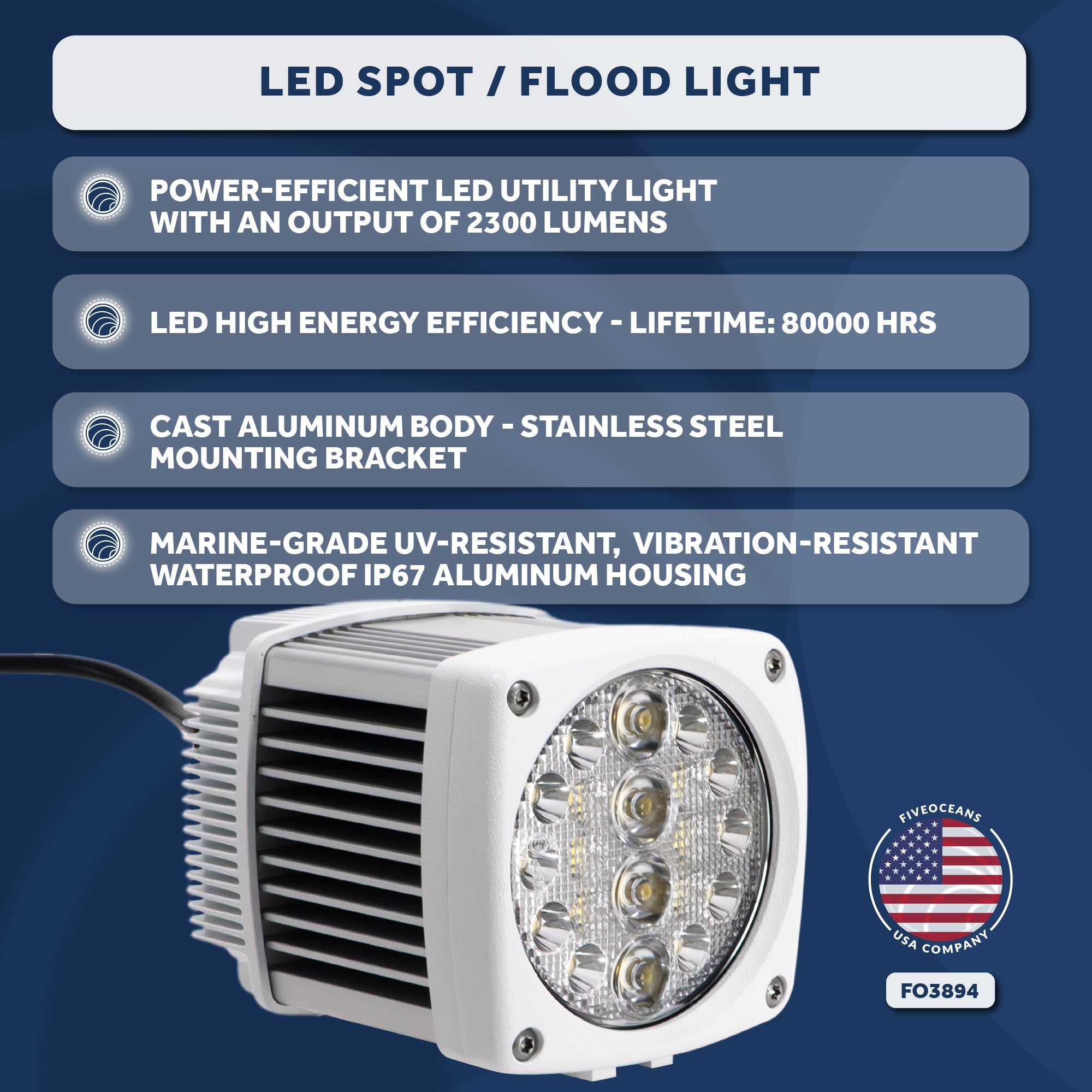 Spreader LED Flood Spotlight, 2300 Lumens, Cool White - FO3894 - Five Oceans
