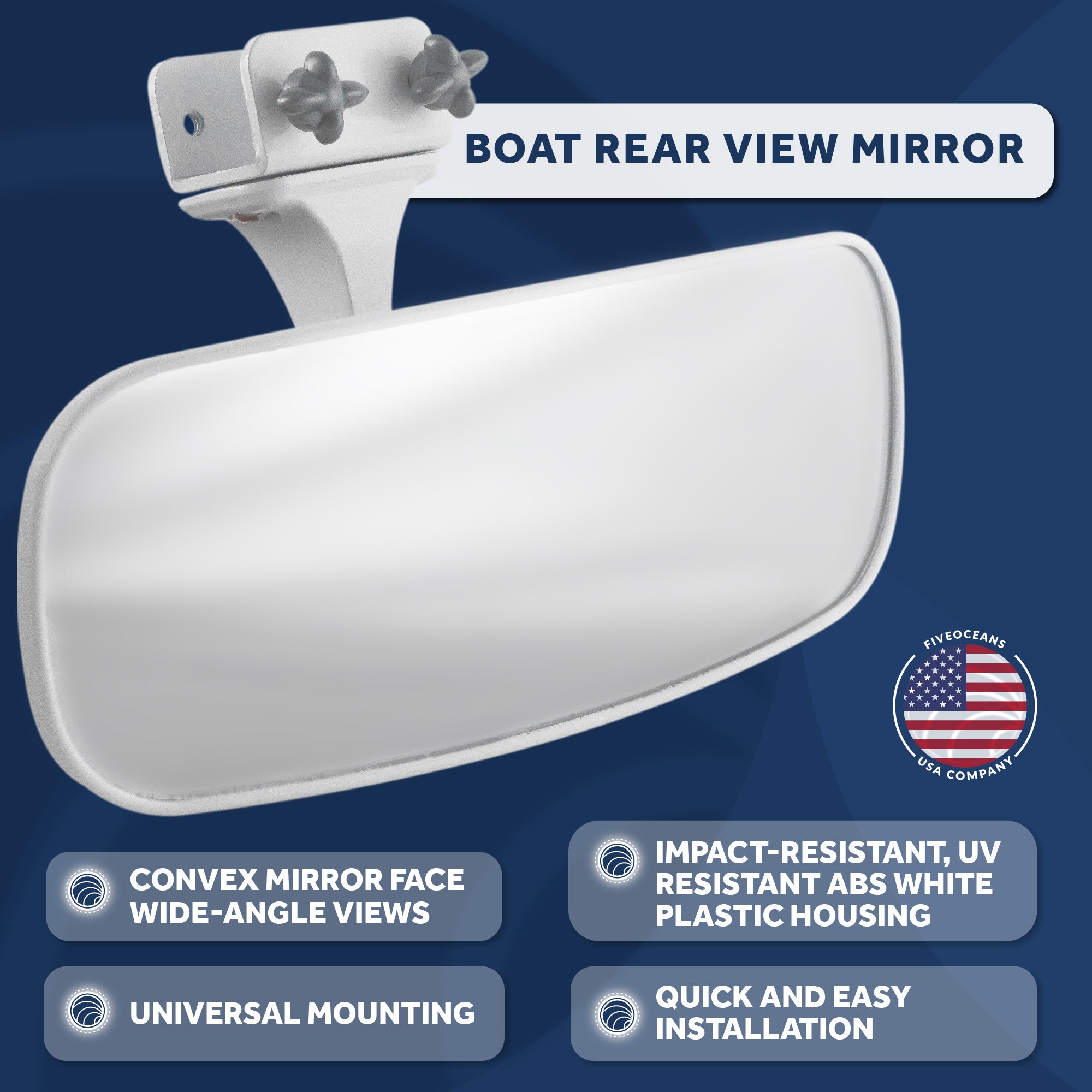 Boat Rear View Mirror, Clamp-On, 10" x 4" - FO3927 - Five Oceans