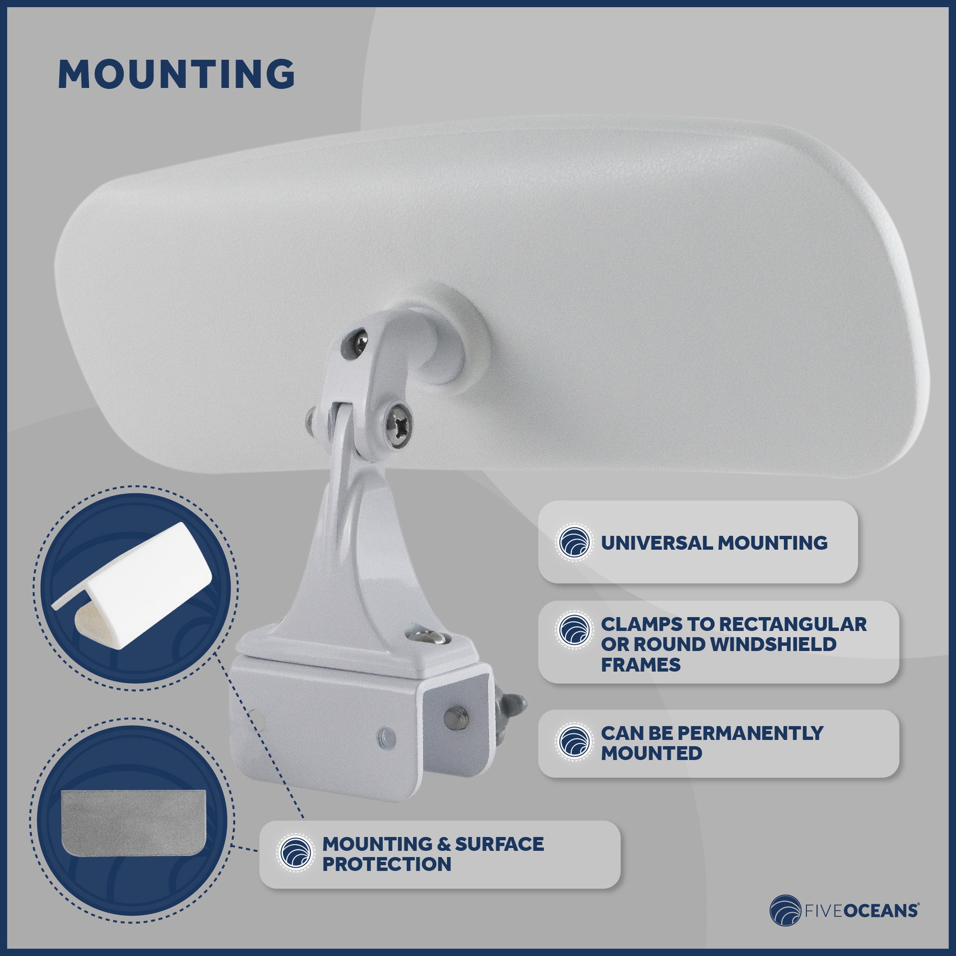 Boat Rear View Mirror, Clamp-On, 10" x 4" - FO3927 - Five Oceans