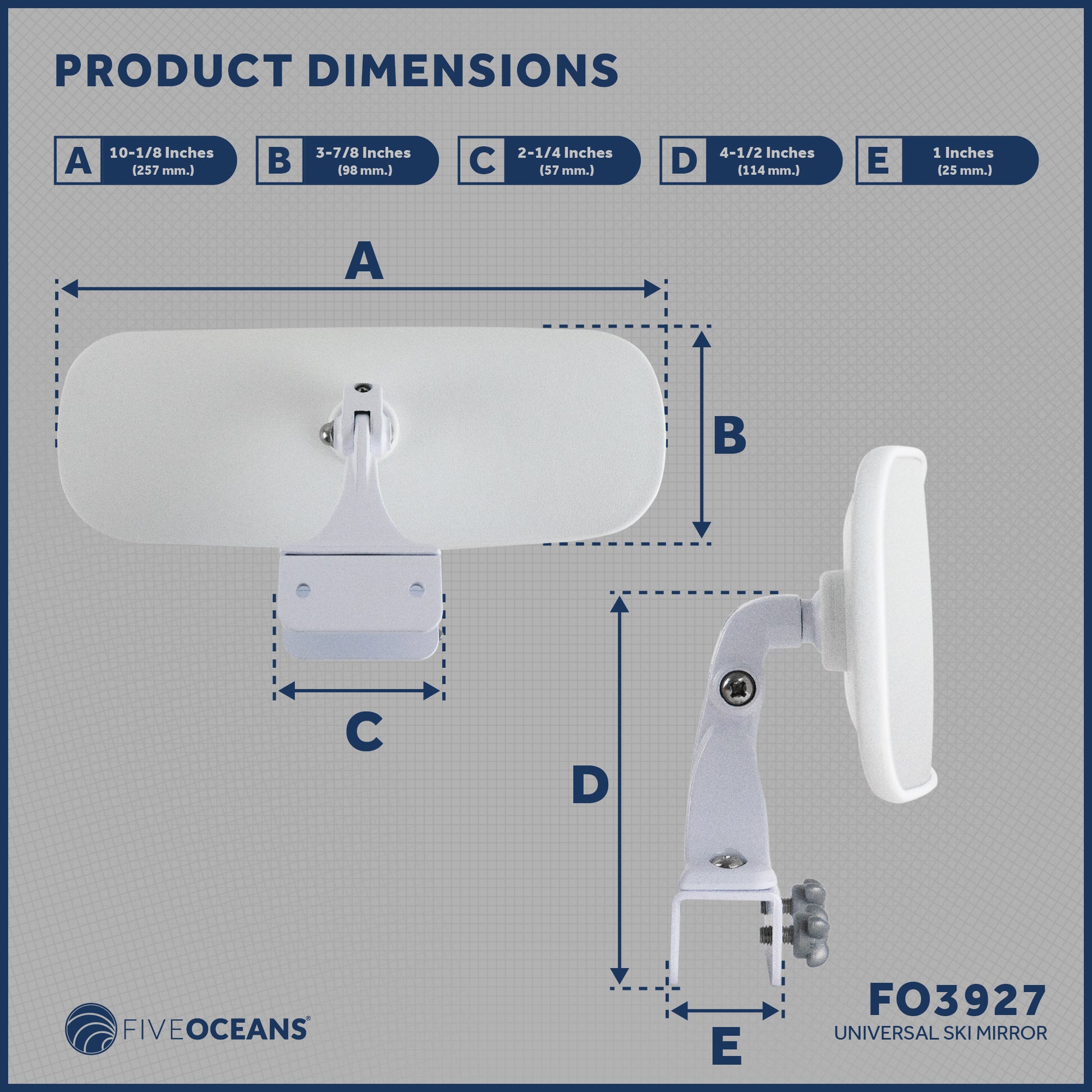 Boat Rear View Mirror, Clamp-On, 10" x 4" - FO3927 - Five Oceans