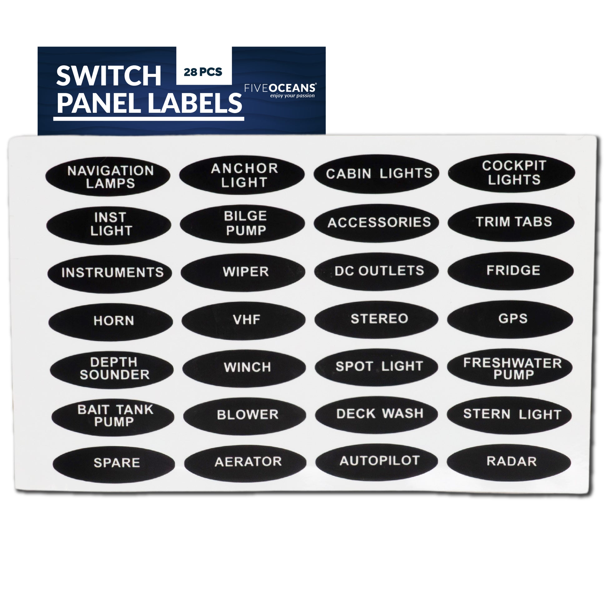 Boat Switch Panel Labels, 28 Pcs per Sheet - FO3929 - Five Oceans