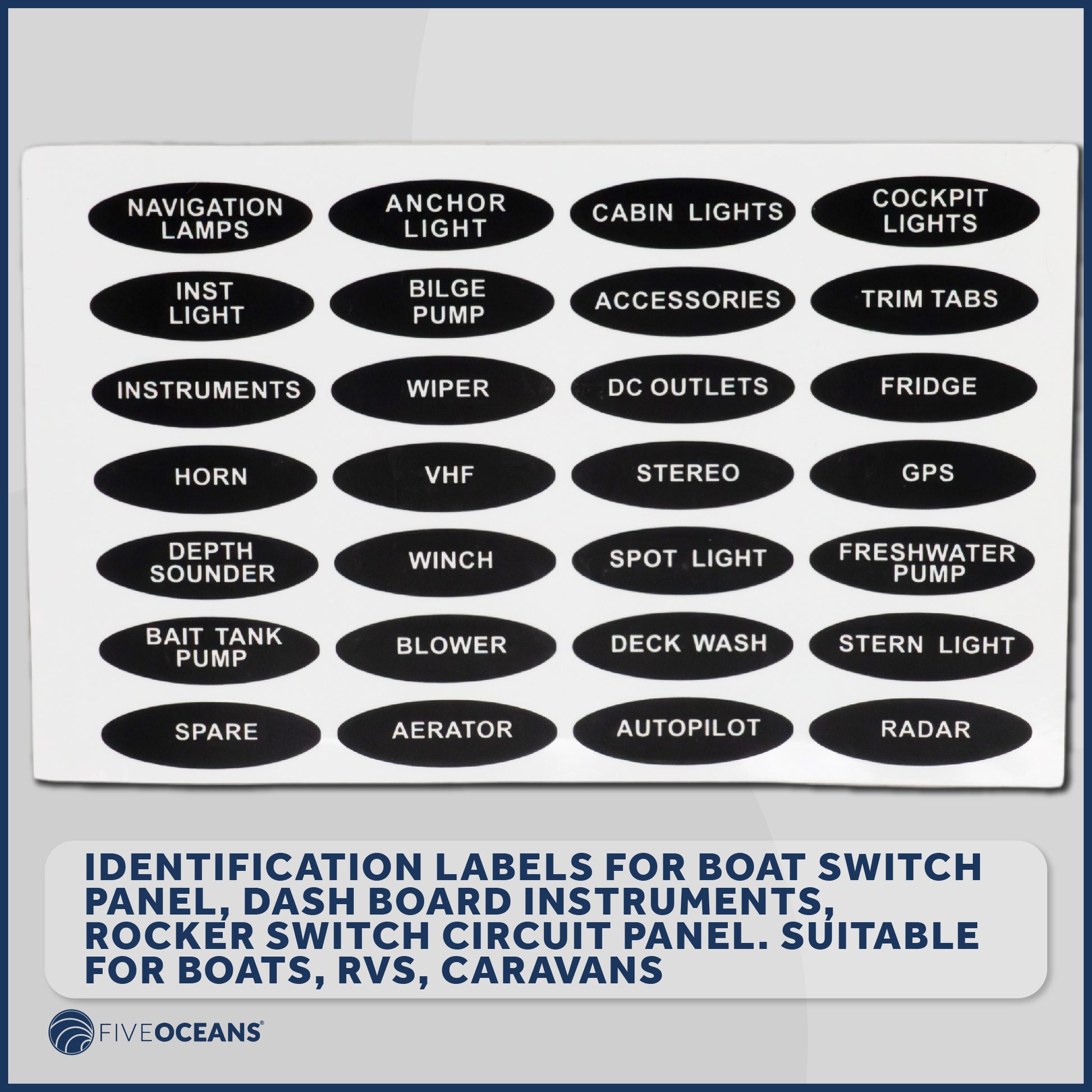 Boat Switch Panel Labels, 28 Pcs per Sheet - FO3929 - Five Oceans
