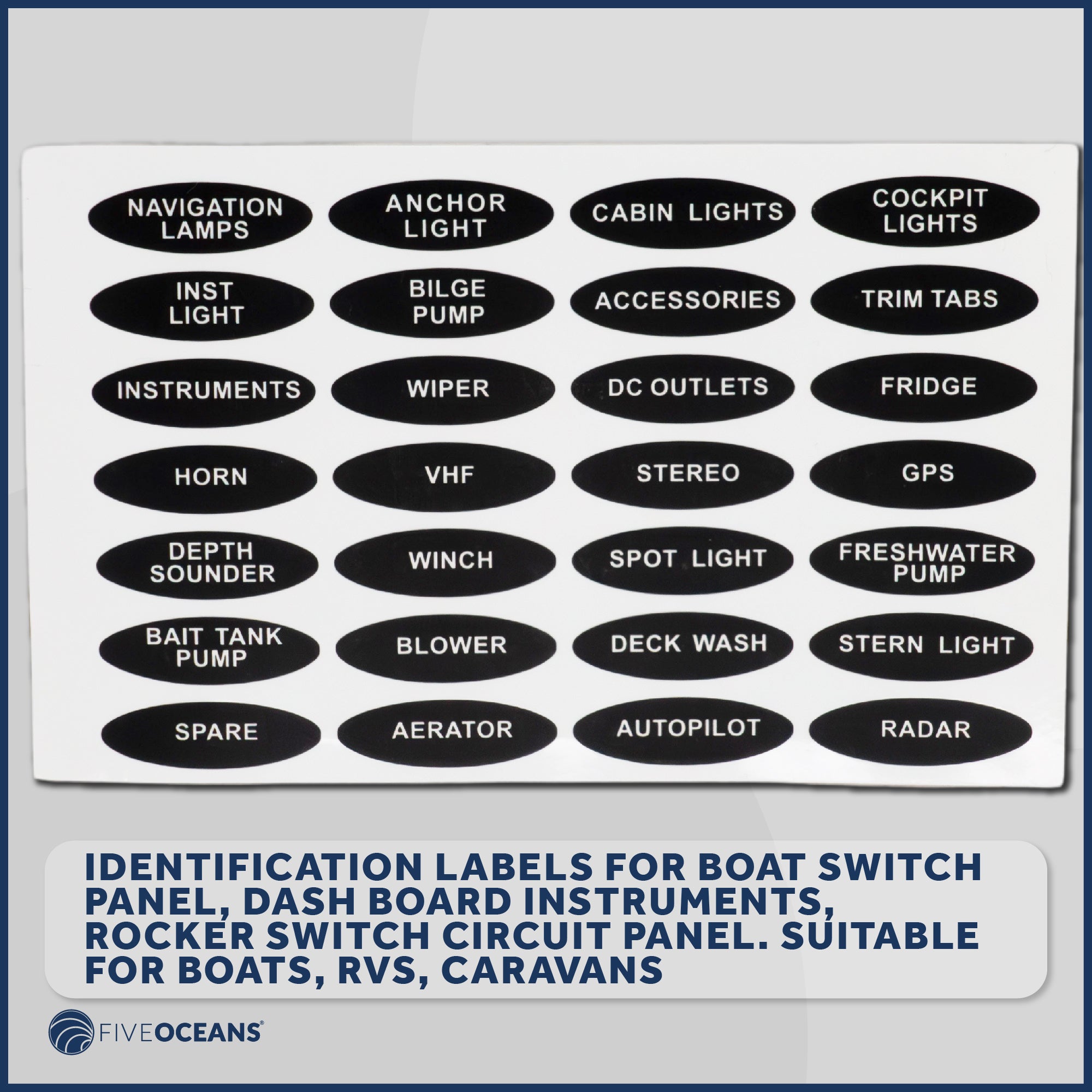 Boat Switch Panel Labels, 28 Pcs per Sheet - FO3929 - Five Oceans