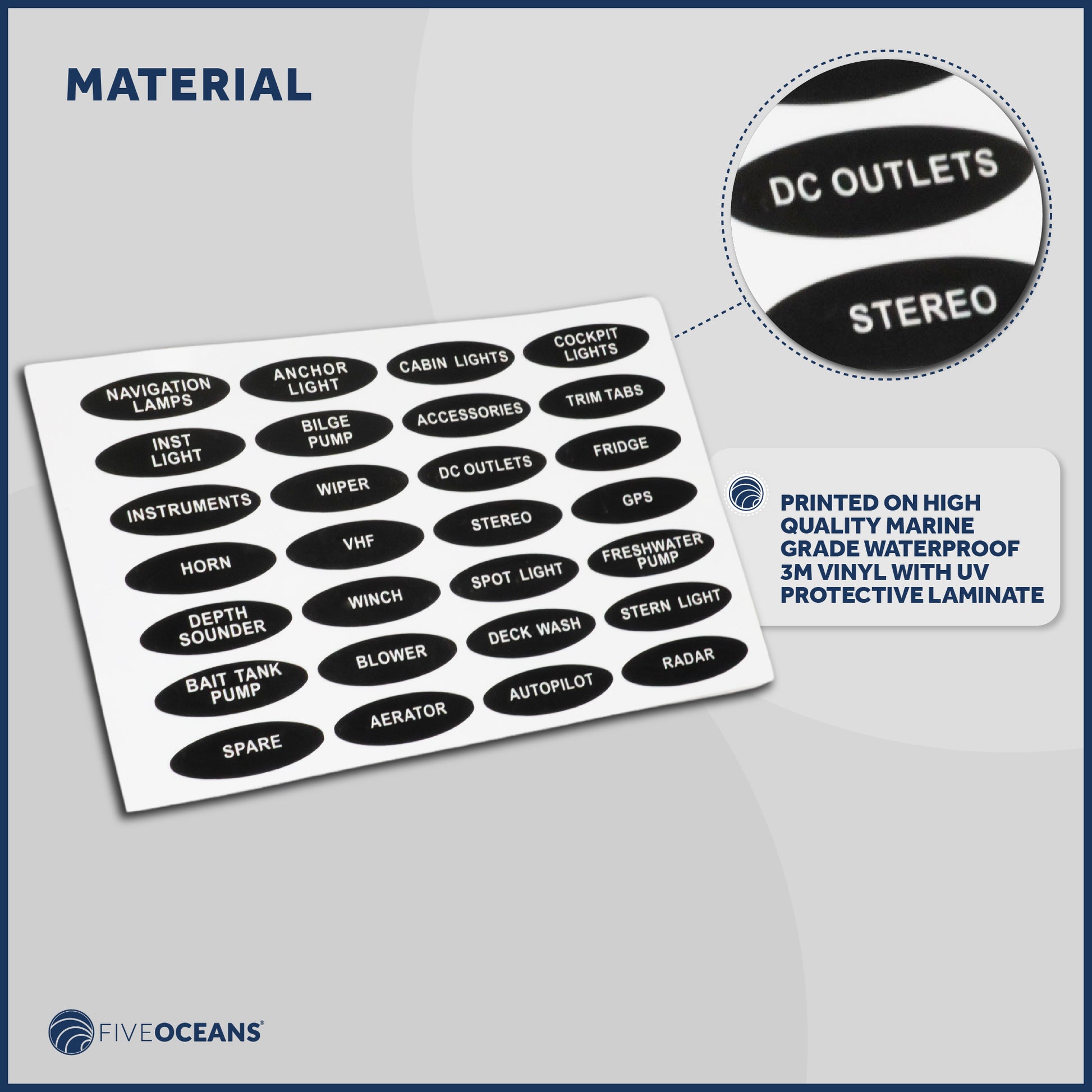 Boat Switch Panel Labels, 28 Pcs per Sheet - FO3929 - Five Oceans