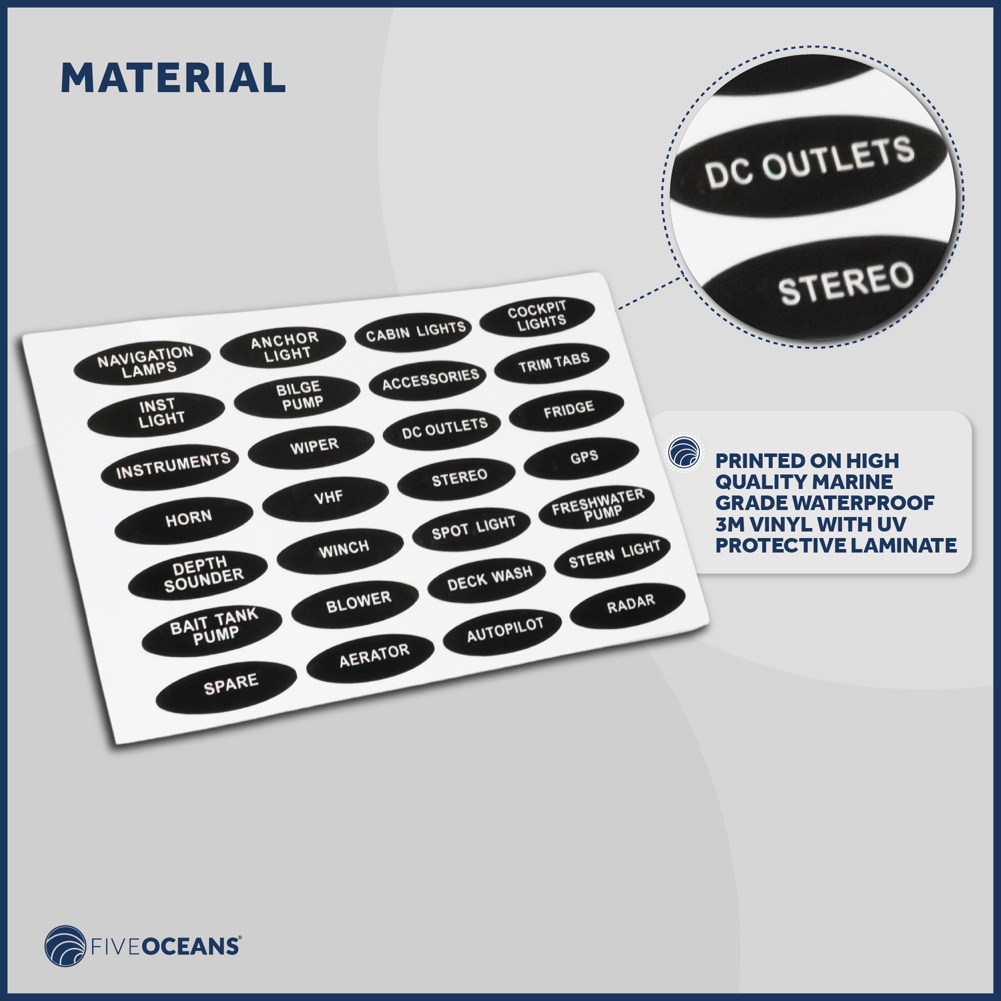 Boat Switch Panel Labels, 28 Pcs per Sheet - FO3929 - Five Oceans