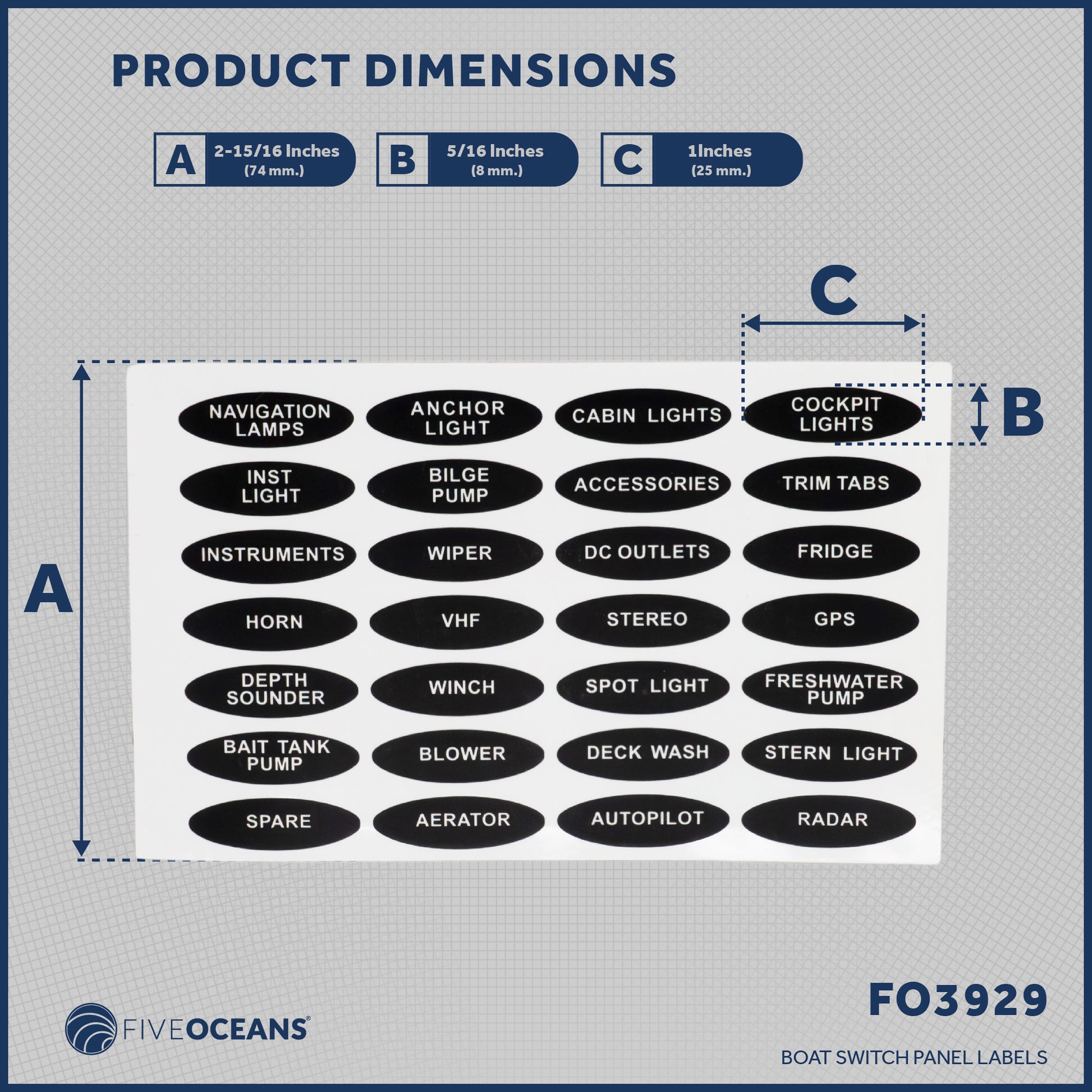 Boat Switch Panel Labels, 28 Pcs per Sheet - FO3929 - Five Oceans