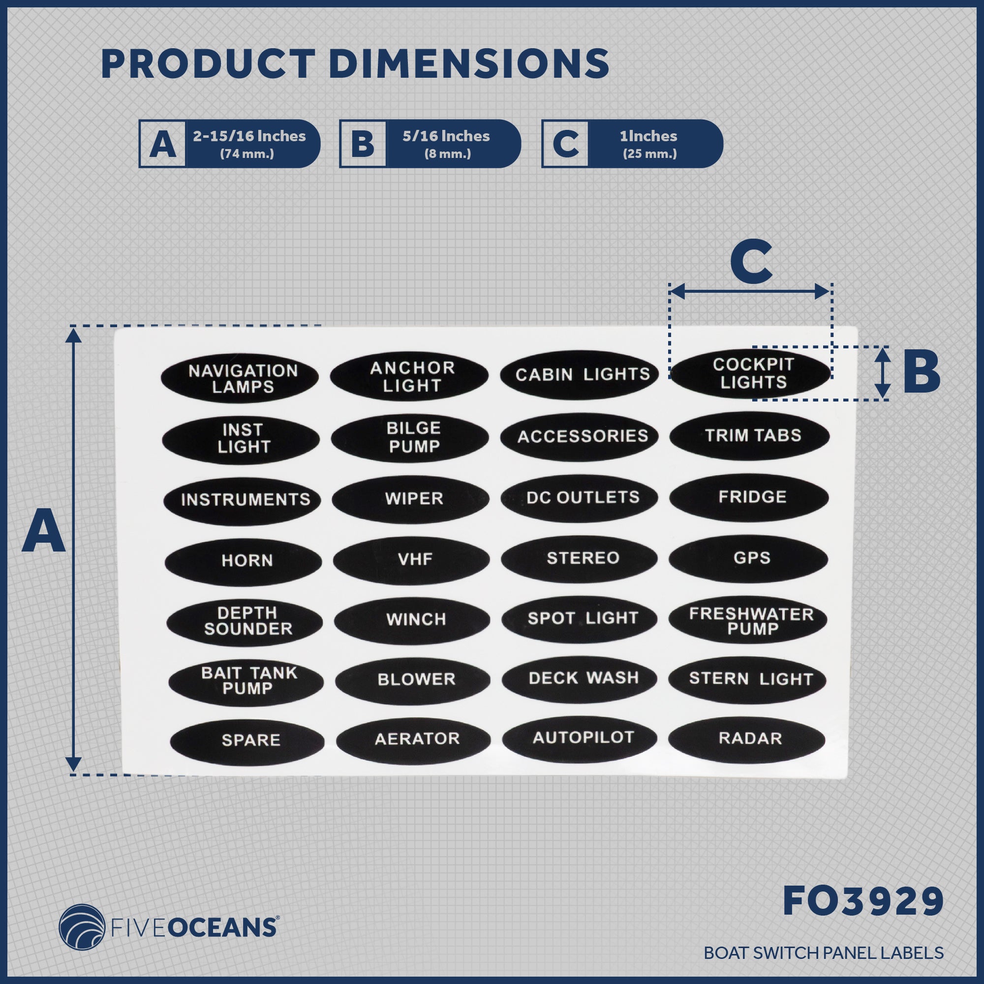 Boat Switch Panel Labels, 28 Pcs per Sheet - FO3929 - Five Oceans