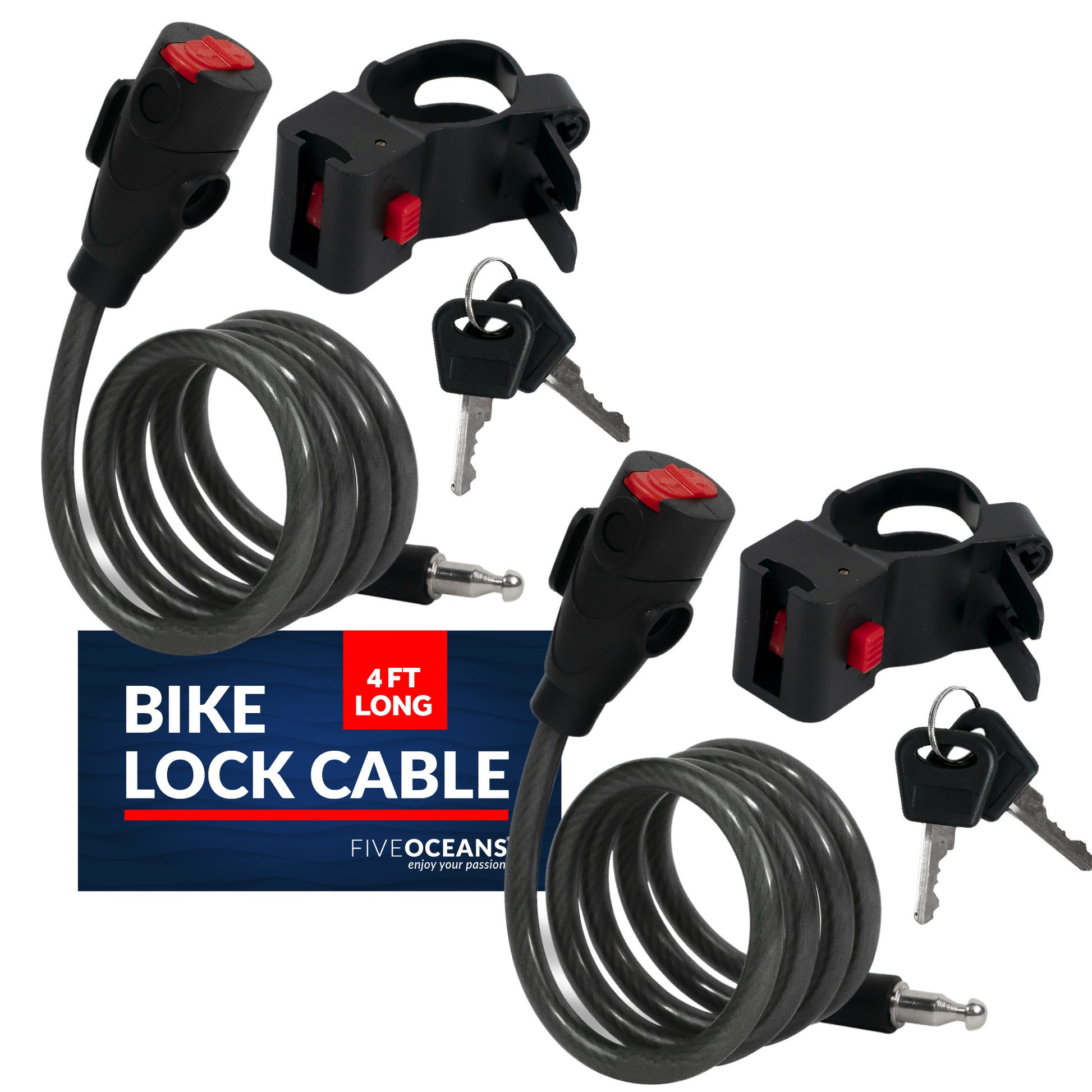 Bike Lock Cable, Keyed, with Mounting Bracket, 4', 2-pack - FO3956-M2 - Five Oceans