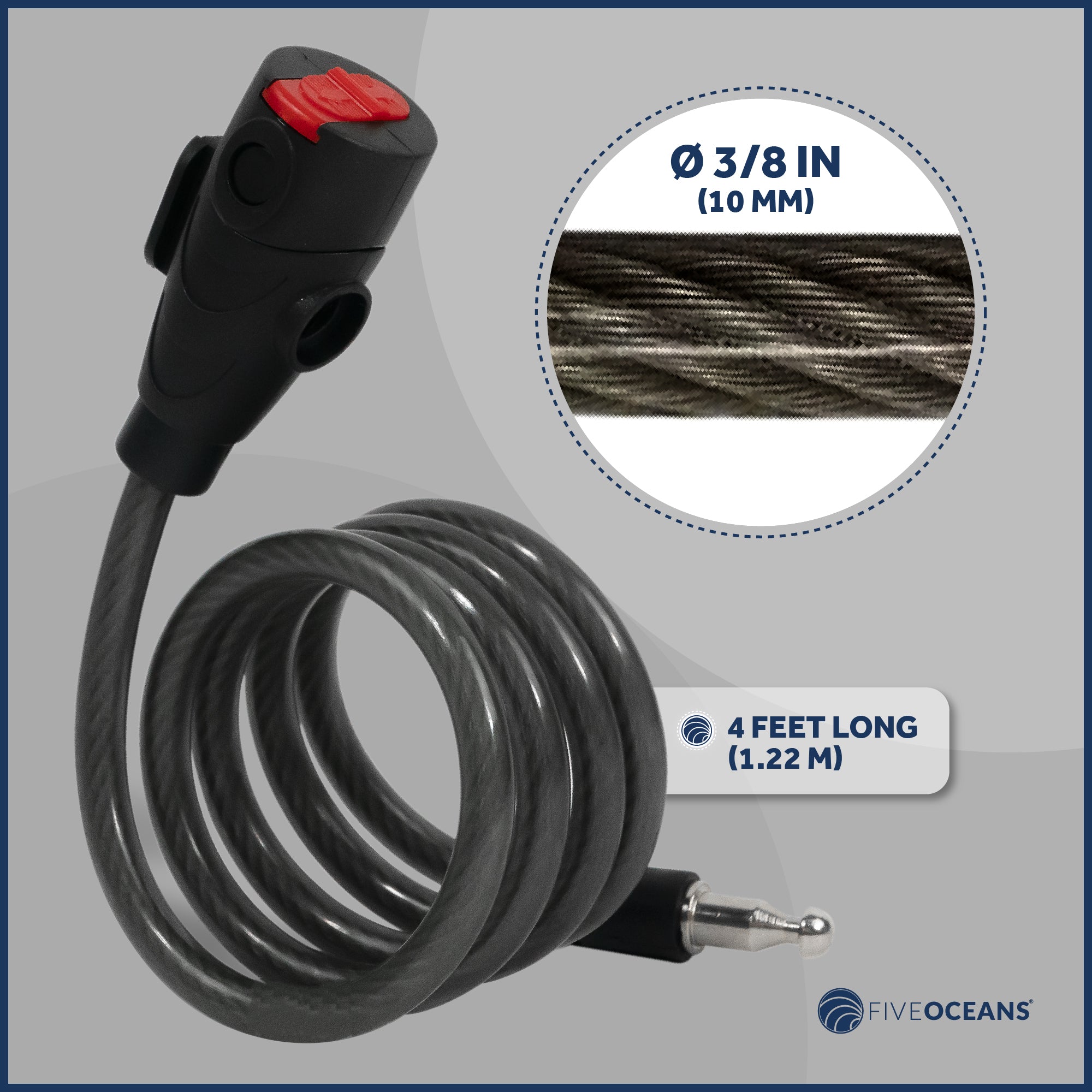 Bike Lock Cable, Keyed, with Mounting Bracket, 4' - FO3956 - Five Oceans