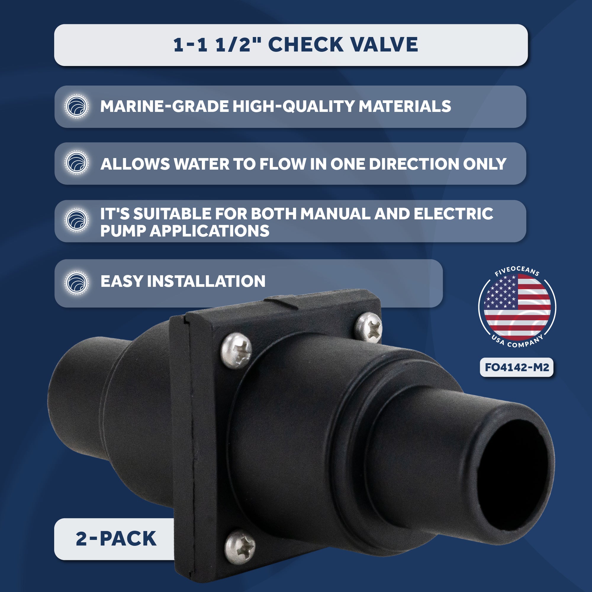 1 to 1-1/2" Check Valve, In-Line One-Way Stepped Connection, 2-Pack - FO4142-M2 - Five Oceans