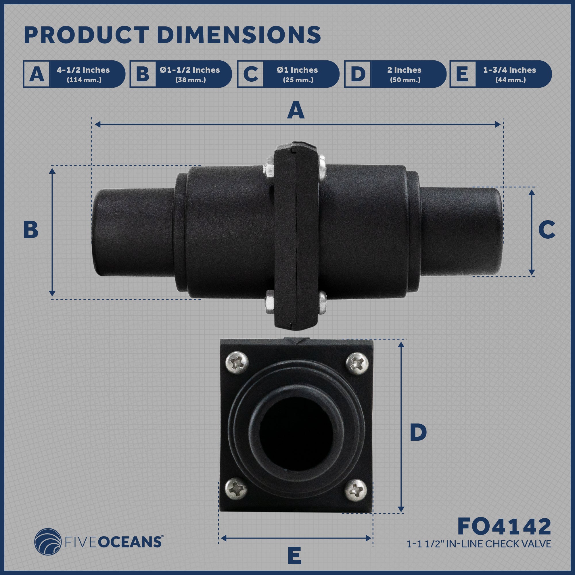 1 to 1-1/2" Check Valve, In-Line One-Way Stepped Connection - FO4142 - Five Oceans
