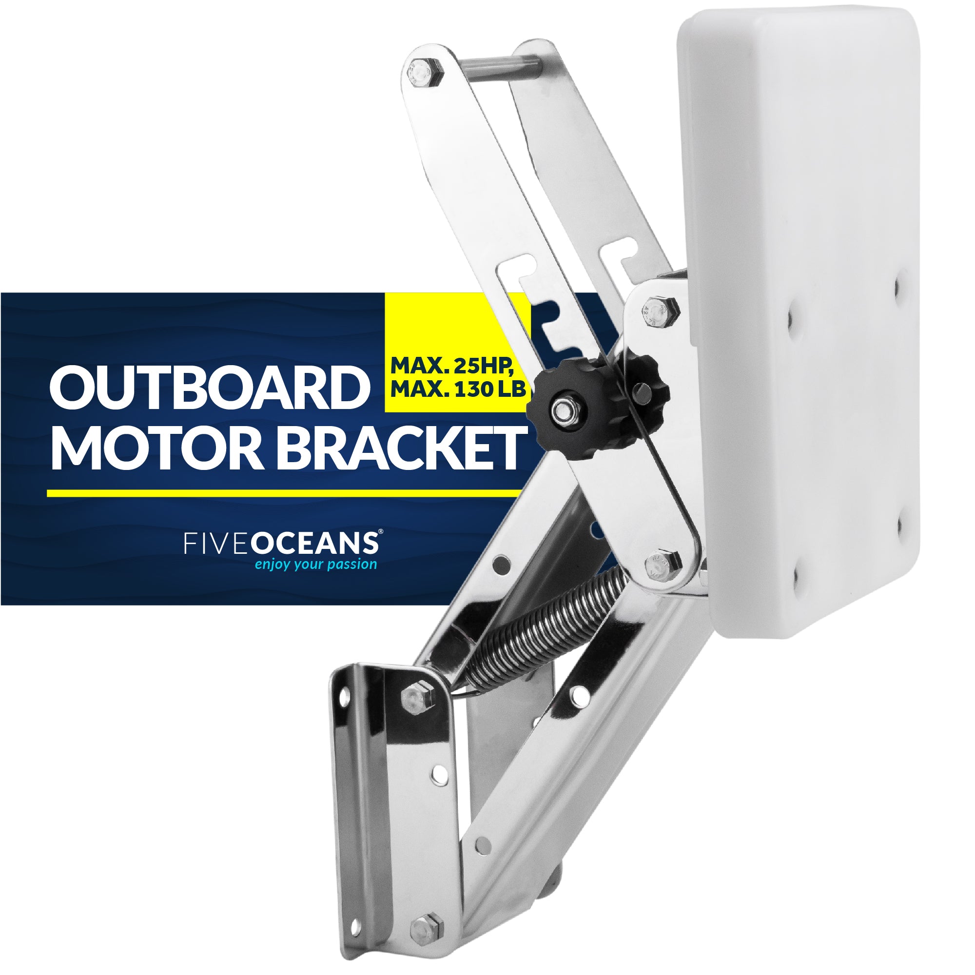 Adjustable Outboard Motor Bracket, Max. 25 Hp, Max. 130 Lb, 11-Inch of Travel, 316 Stainless Steel, White Board - FO4203 - Five Oceans