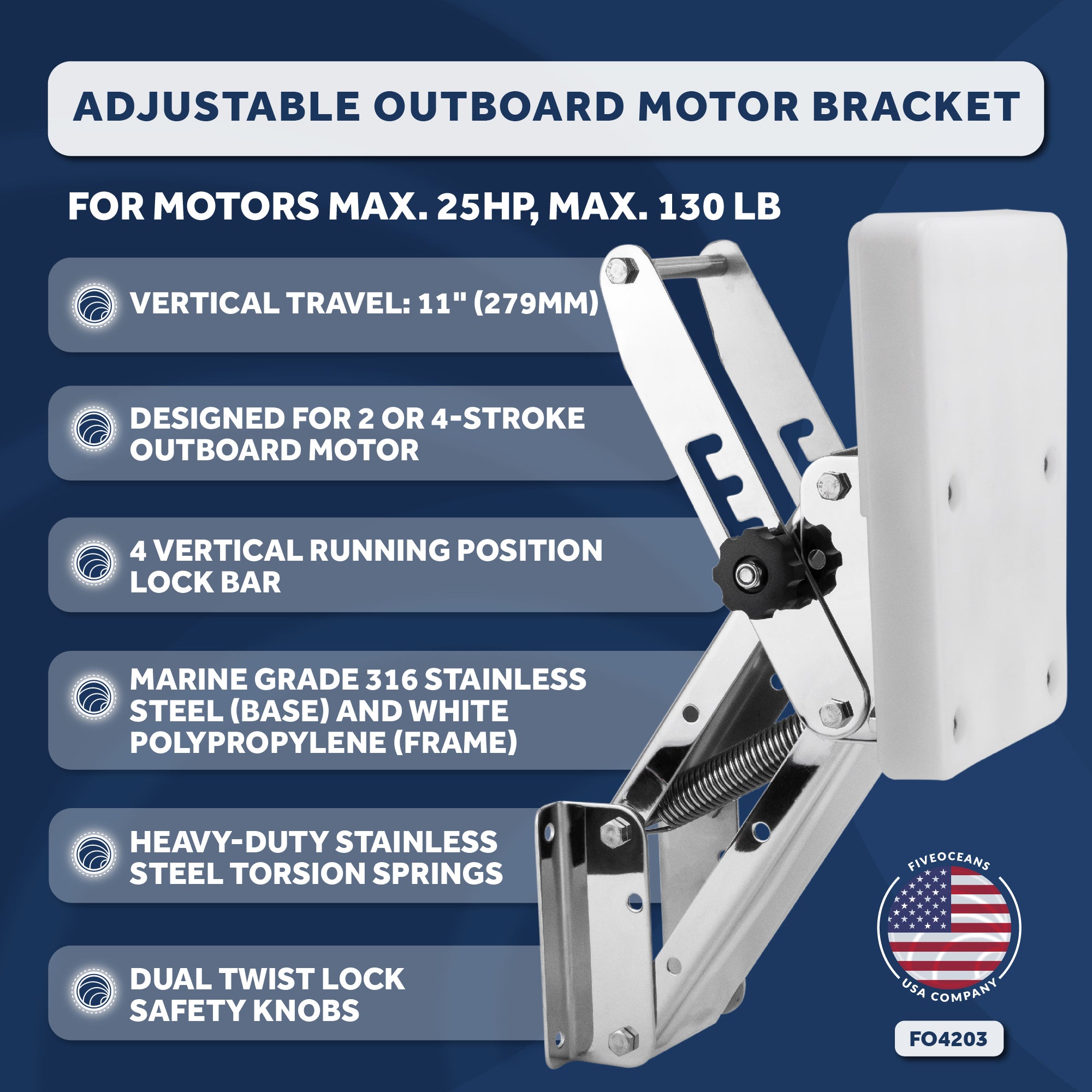 Adjustable Outboard Motor Bracket, Max. 25 Hp, Max. 130 Lb, 11-Inch of Travel, 316 Stainless Steel, White Board - FO4203 - Five Oceans