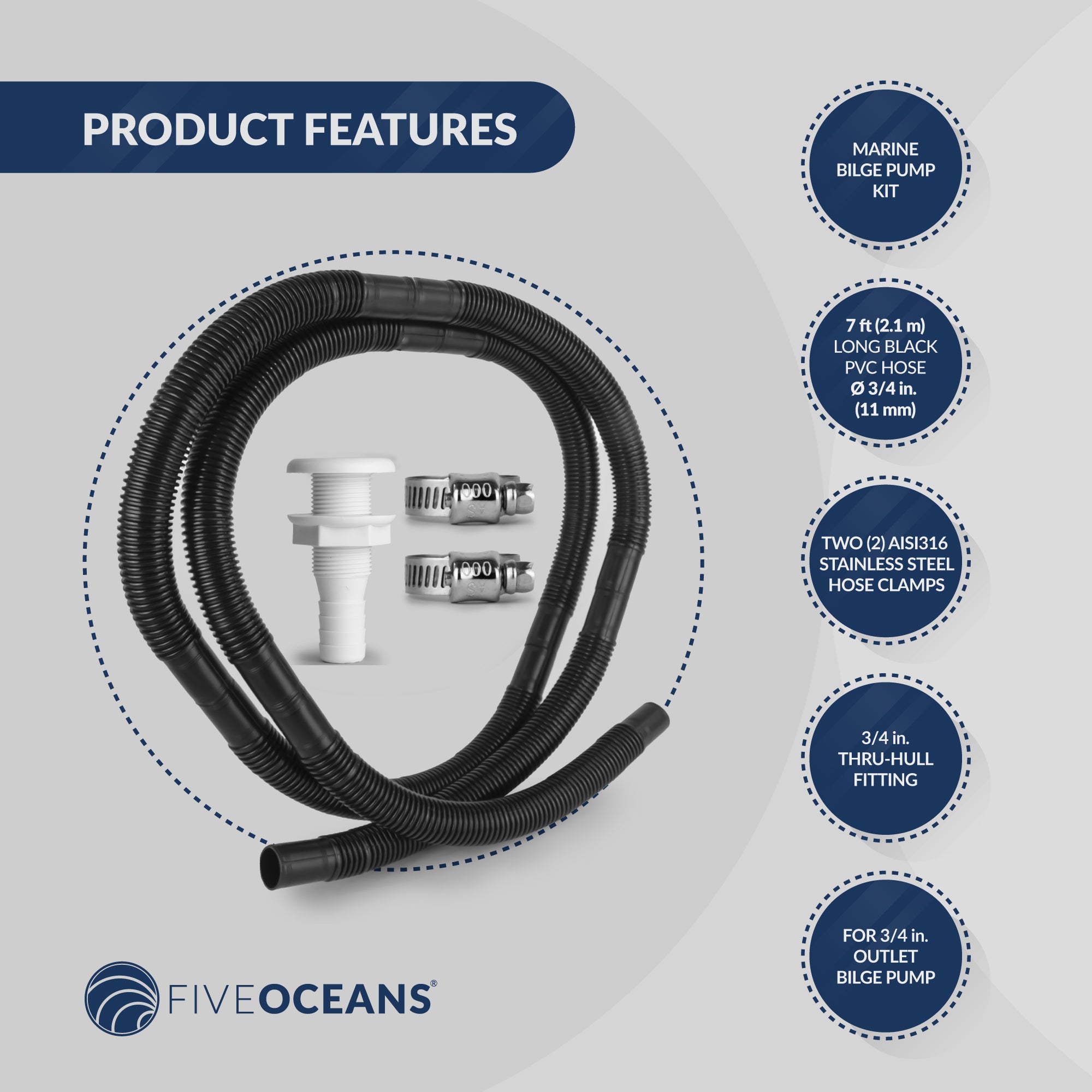 Value pack - Bilge Pump Plumbing Kit, 7' Black PVC Hose 3/4", 2 Hose Clamps, Thru-Hull Fitting, 6-pack - FO4329-M6 - Five Oceans