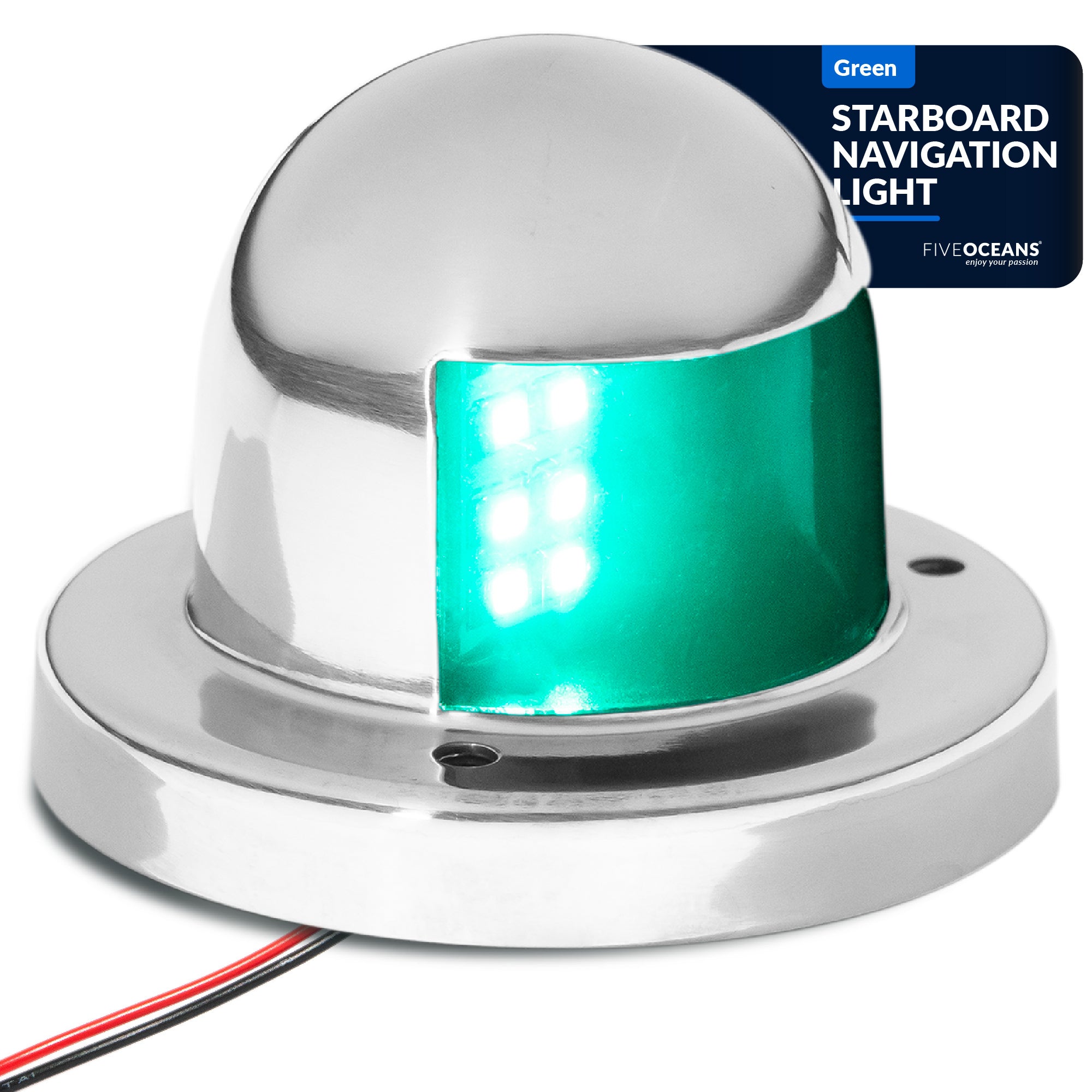 Five Oceans LED Boat Bow Navigation Light, Starboard Green, Deck Mount, AISI316 Stainless Steel Housing, Polycarbonate Lens, 12 Volts DC, FO-4431