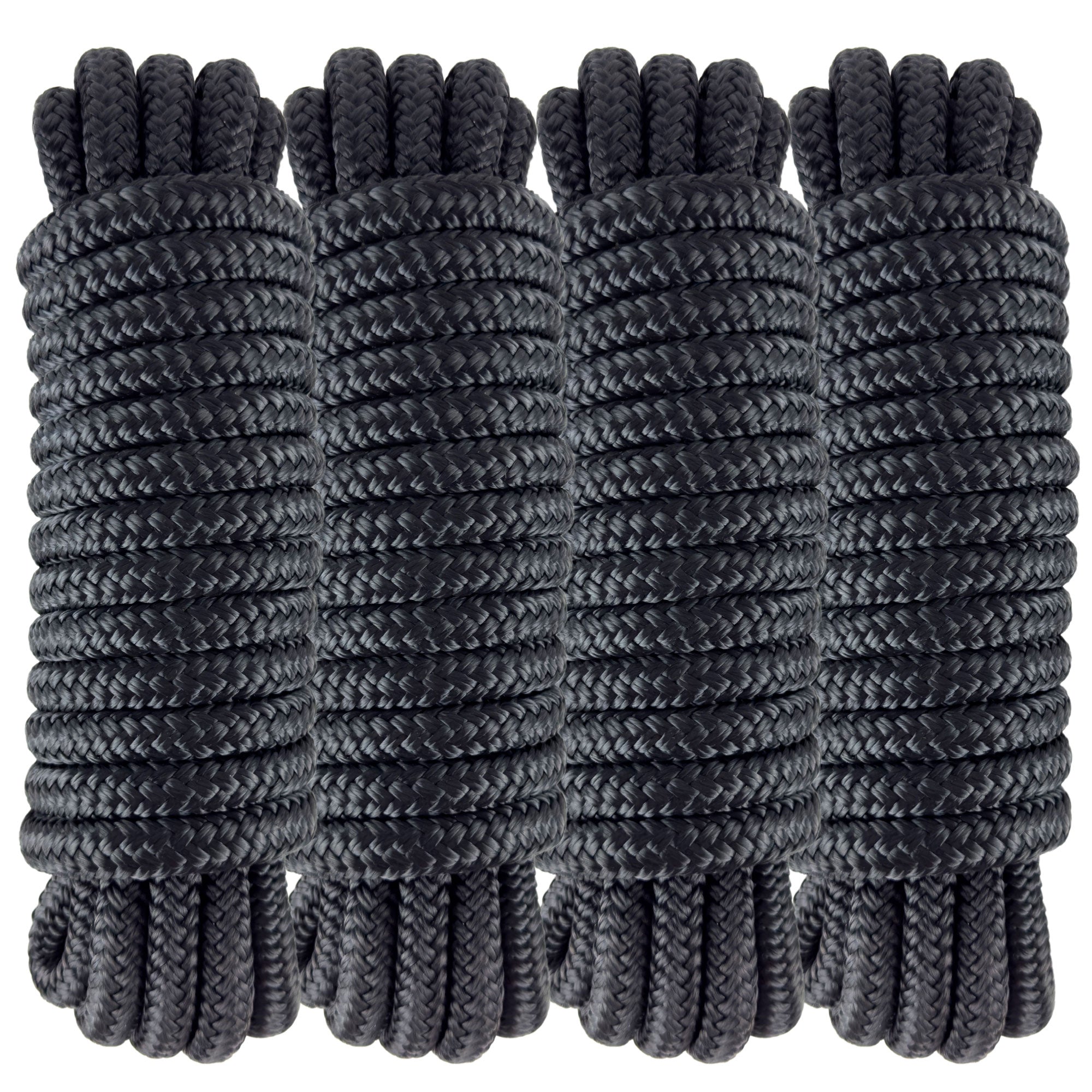 Dock Lines, 1/2" x 20', Black Nylon Double Braided with 12" Eyelet, 4-Pack - FO4451-M4