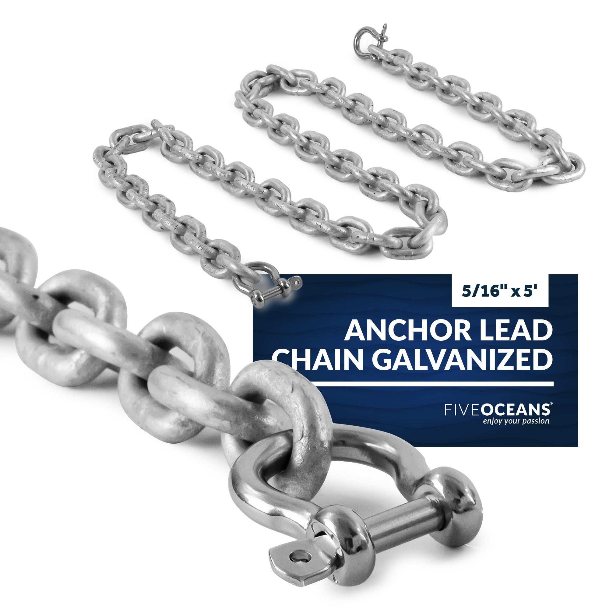 Boat Anchor Lead Chain with Shackles,  5/16" x 5', HTG4 Galvanized Steel - FO4490-G5