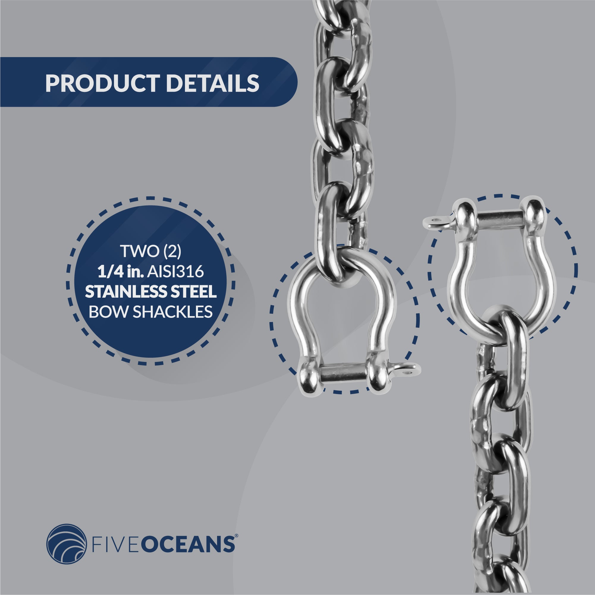 Boat Anchor Lead Chain with Shackles, 1/4" x 15', HTG4 Stainless Steel - FO4492-S15