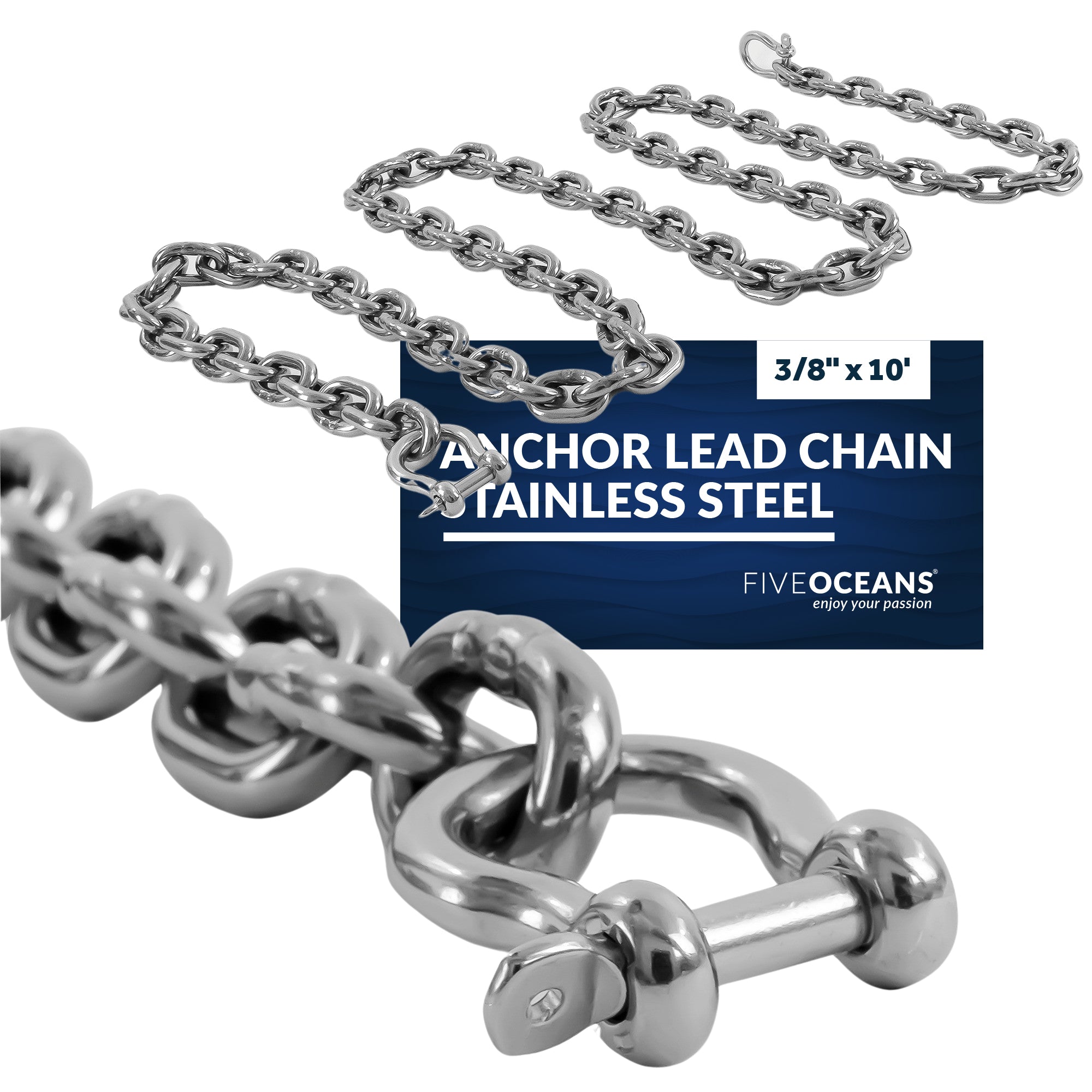 Boat Anchor Lead Chain with Shackles, 3/8" x 10', HTG4 Stainless Steel - FO4494-S10 - Five Oceans
