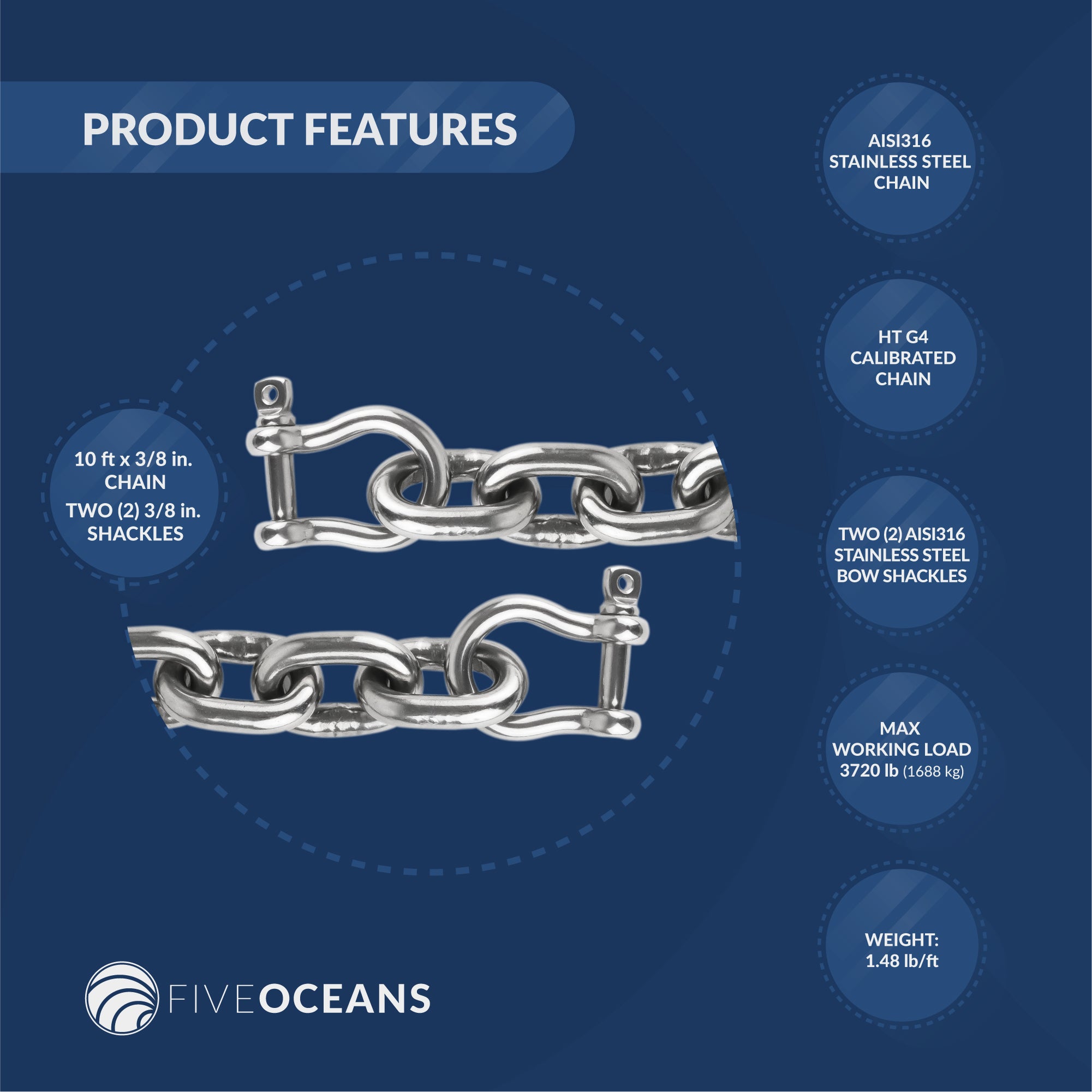 Boat Anchor Lead Chain with Shackles, 3/8" x 10', HTG4 Stainless Steel - FO4494-S10 - Five Oceans